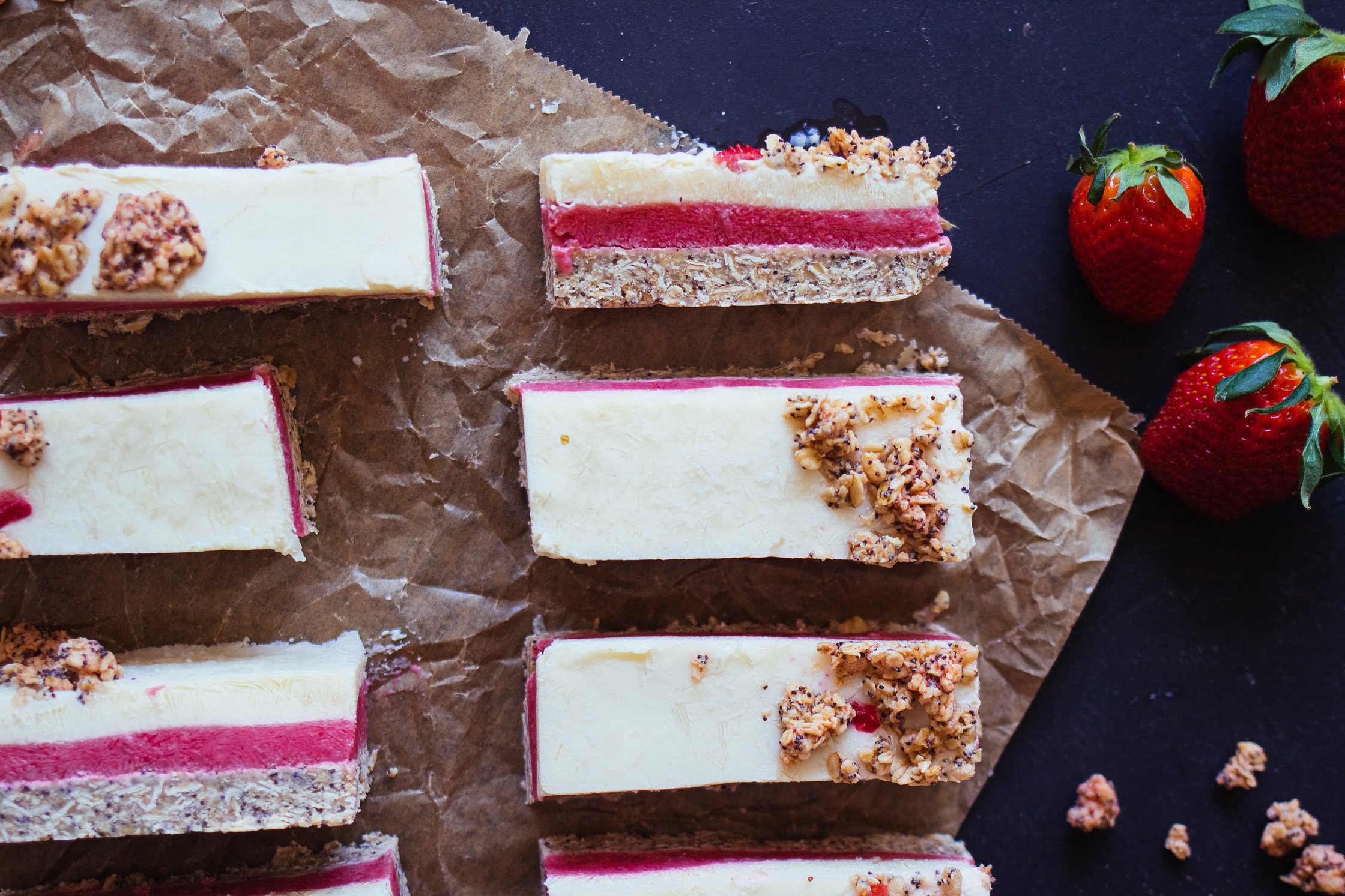 vegan frozen strawberry bars with muesli