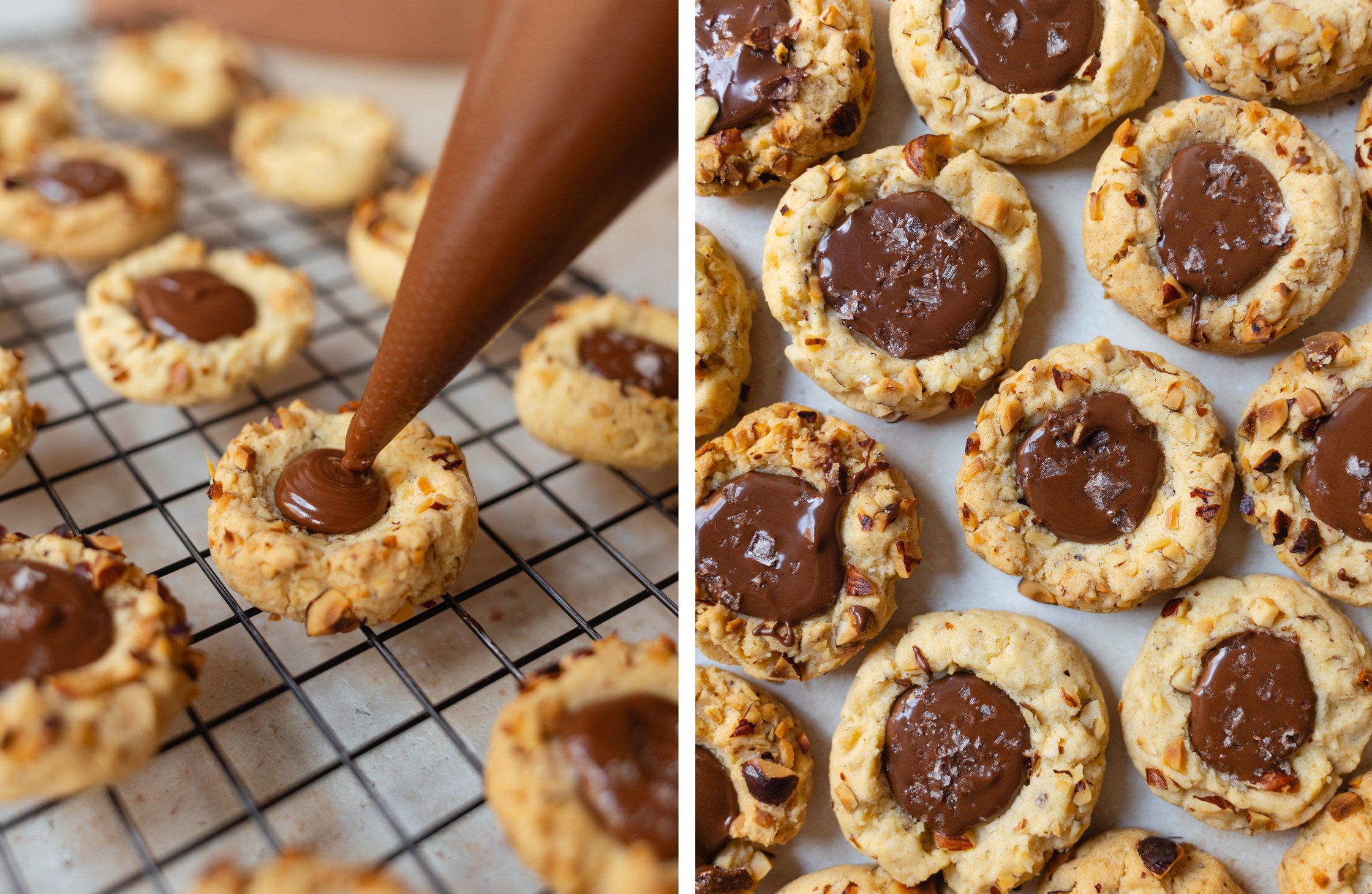 adding filling to the cookies; finished hazelnut nougat cookies