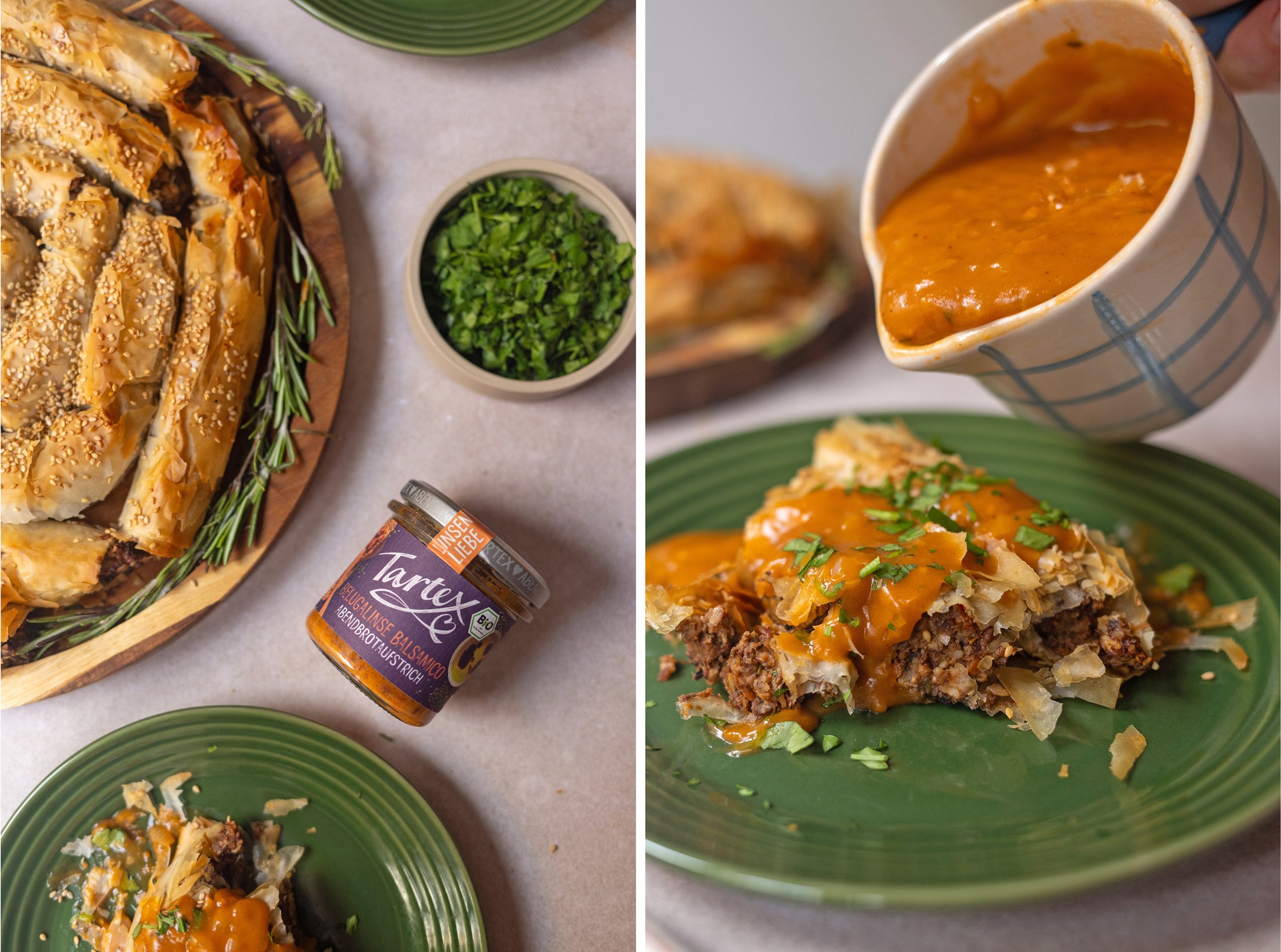 pouring quick vegan gravy over plant-based nut roast strudel