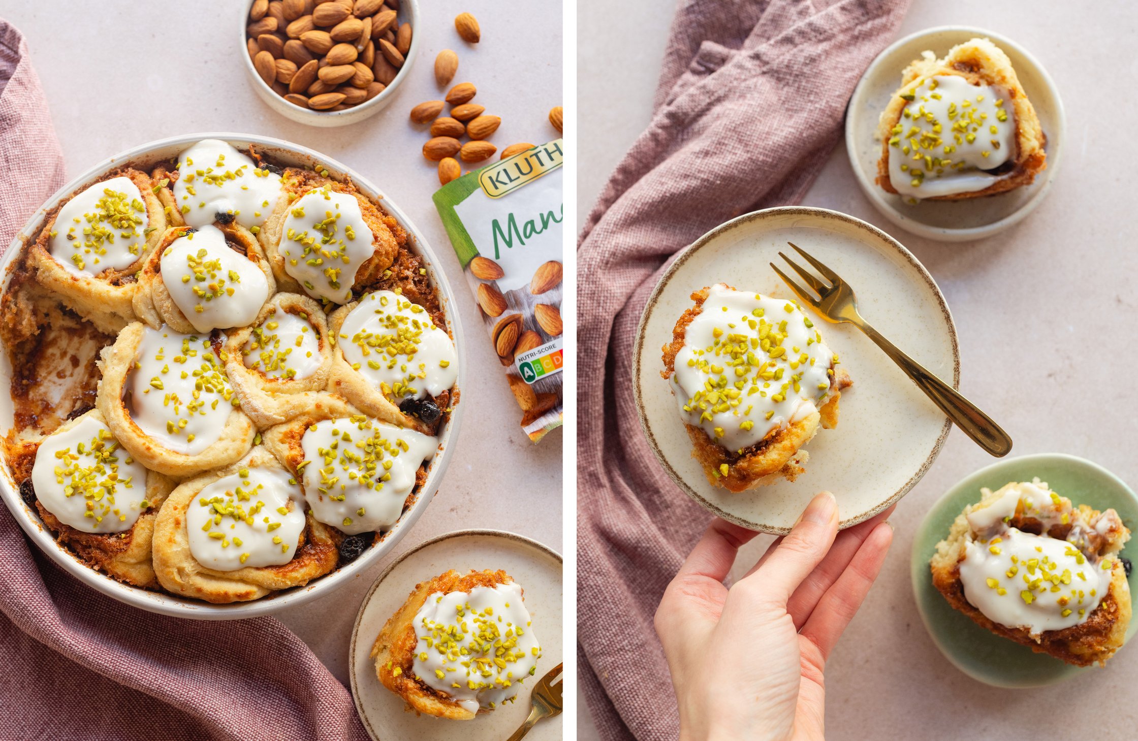 vegan carrot cake cinnamon buns decorated in a round mold; cinnamon buns served on plates