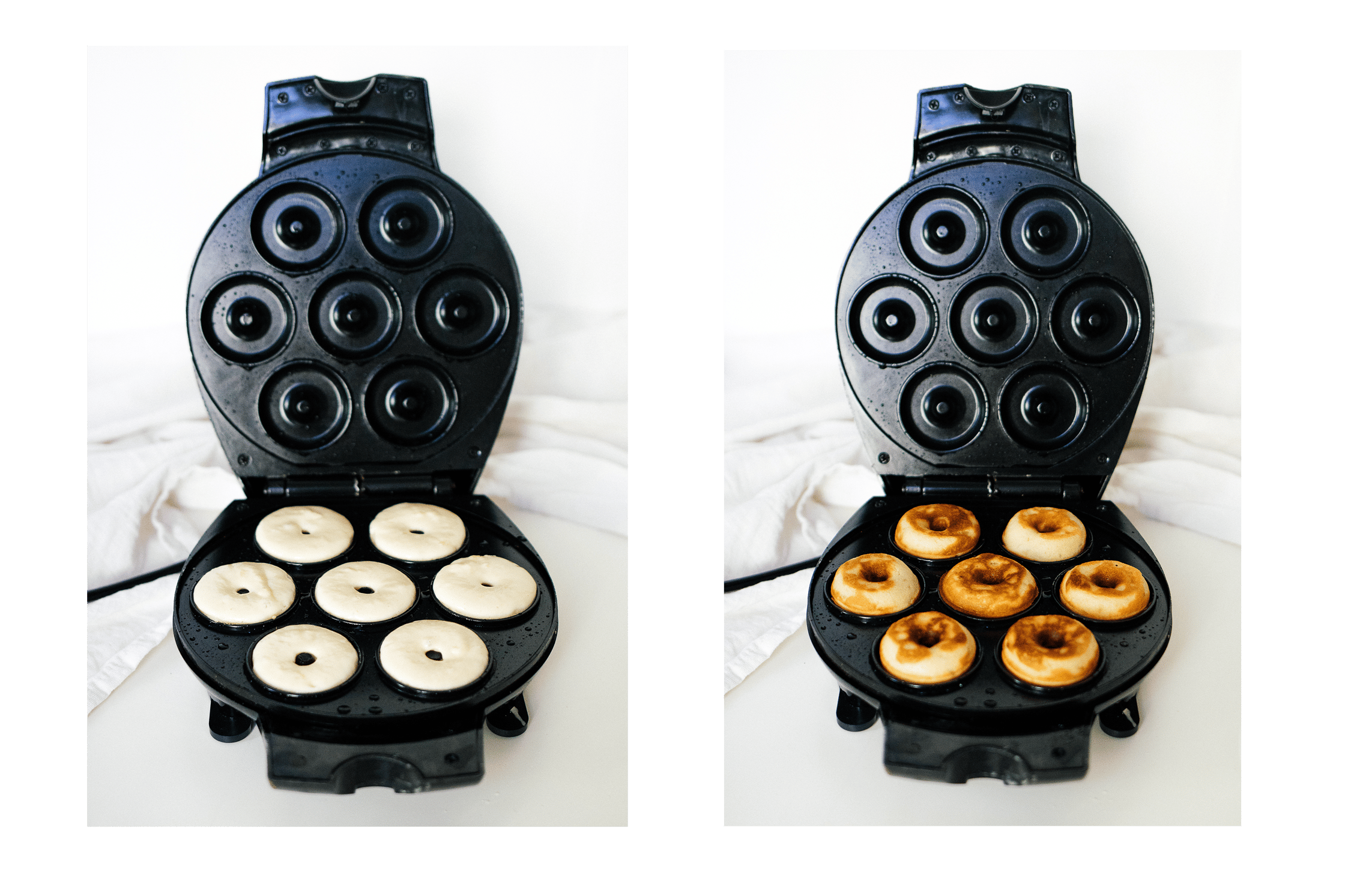 Vegan Basic Donuts in a donut maker, before and after baking