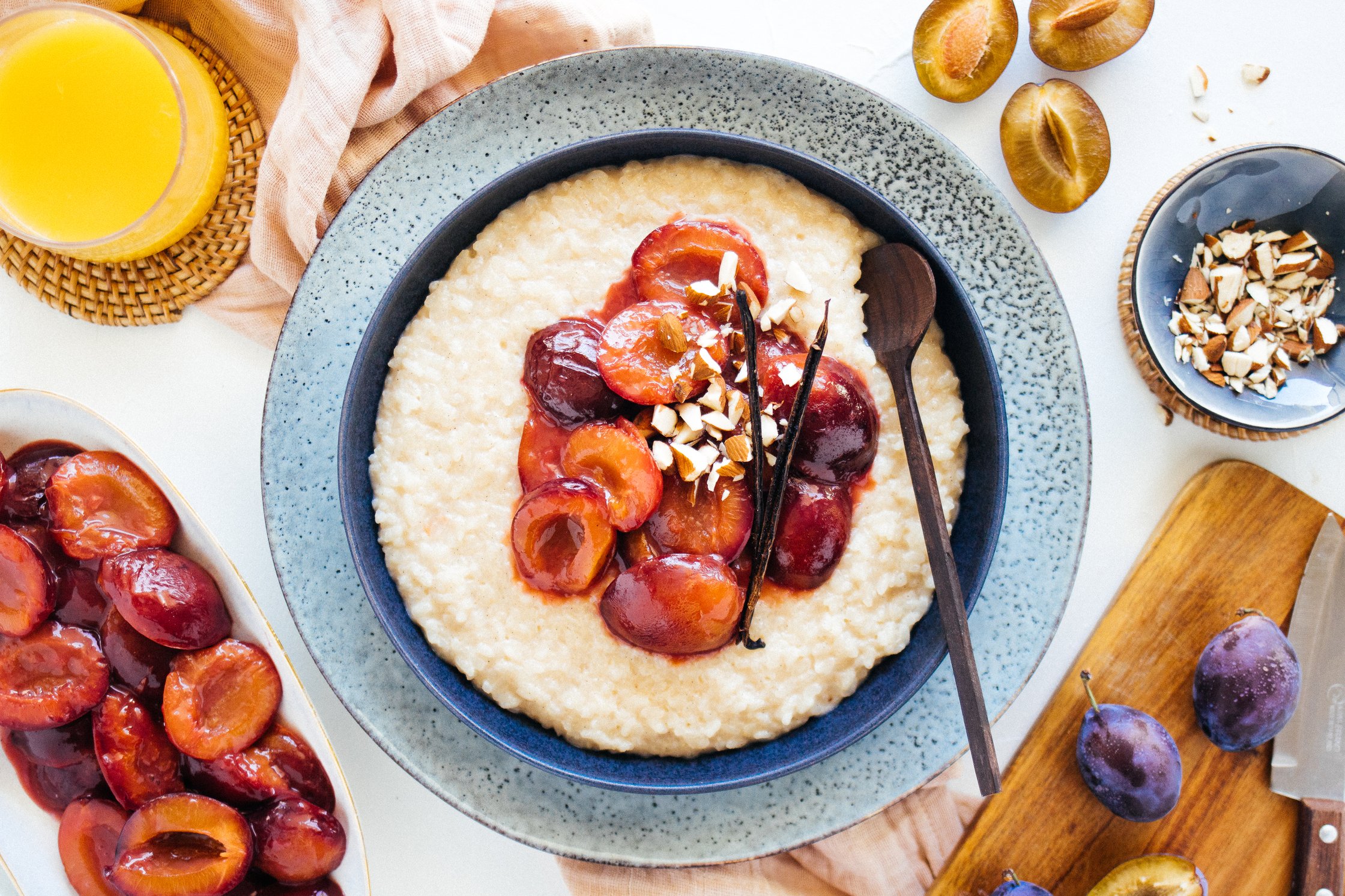 vegan rice pudding with plums