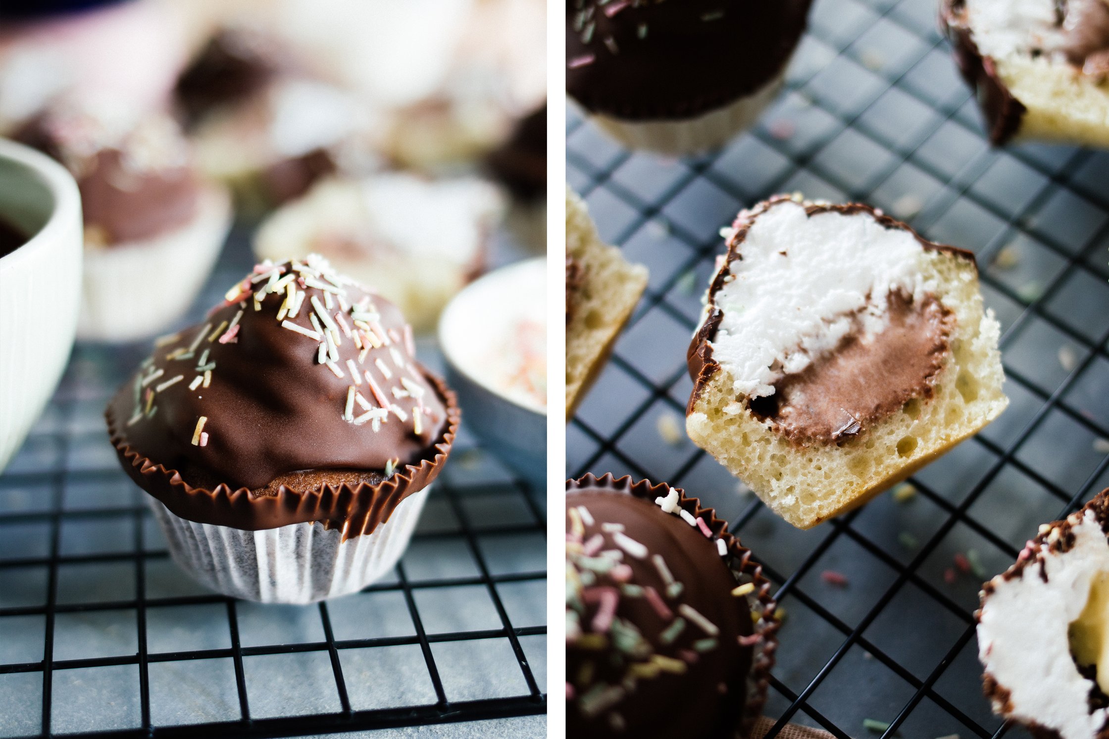 vegan cupcakes stuffed with ice cream and dipped in chocolate