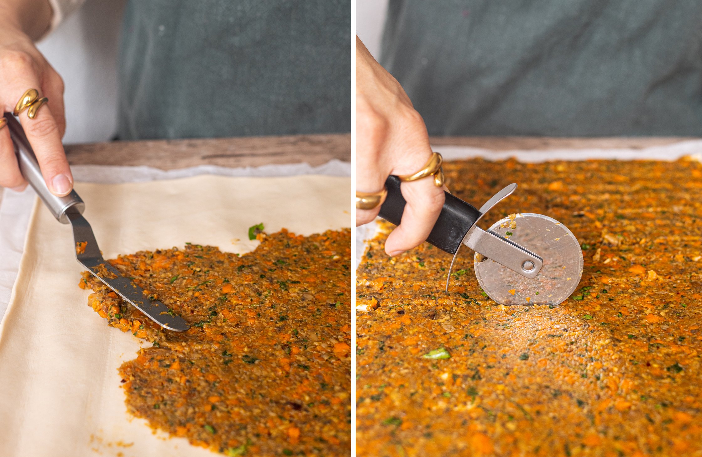 Two-part image - Left: Filling is spread onto the puff pastry. Right: Puff pastry is cut into strips.