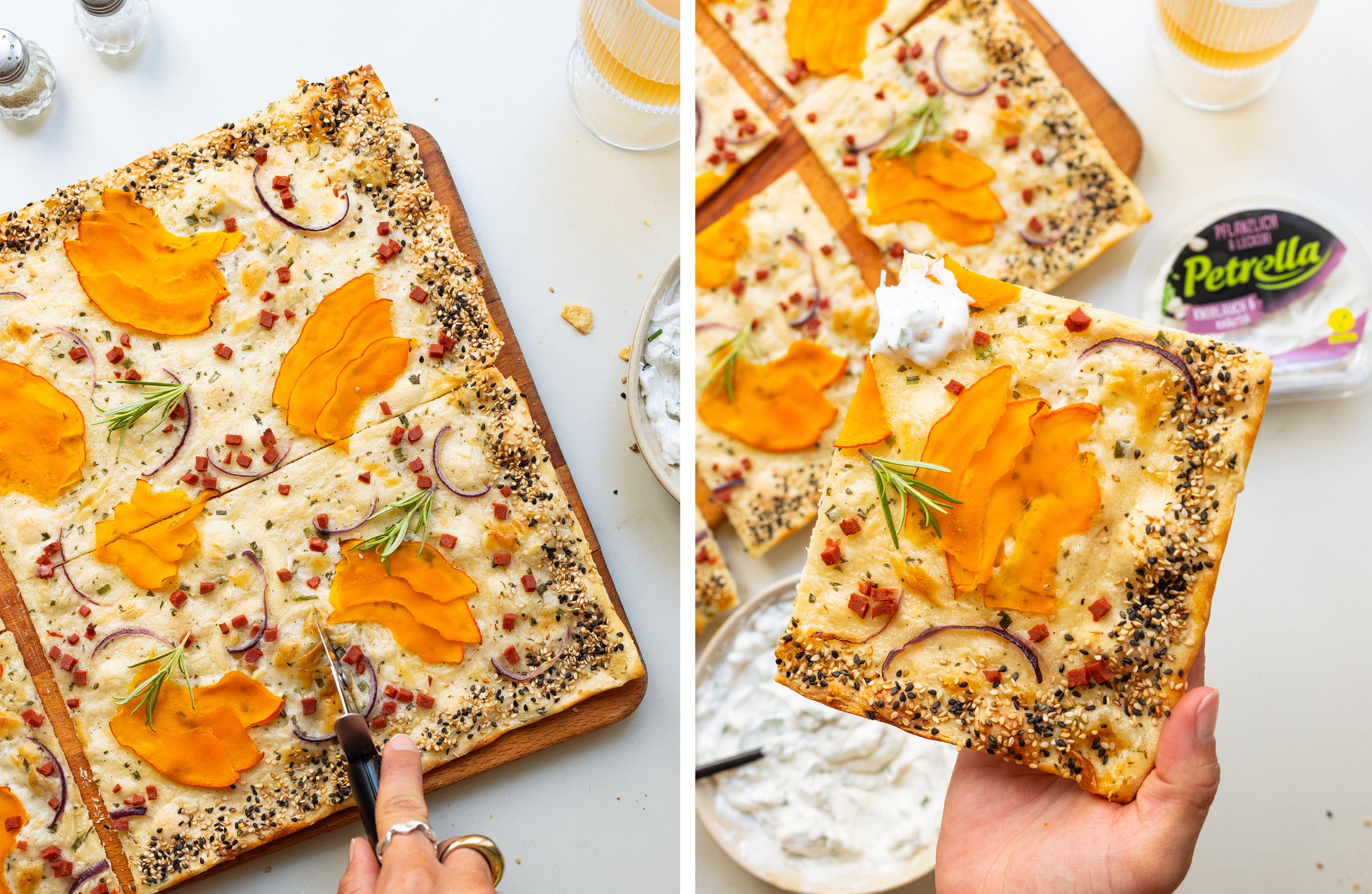 Pumpkin tarte flambée being cut with a pizza roller, with a piece dipped in sauce.