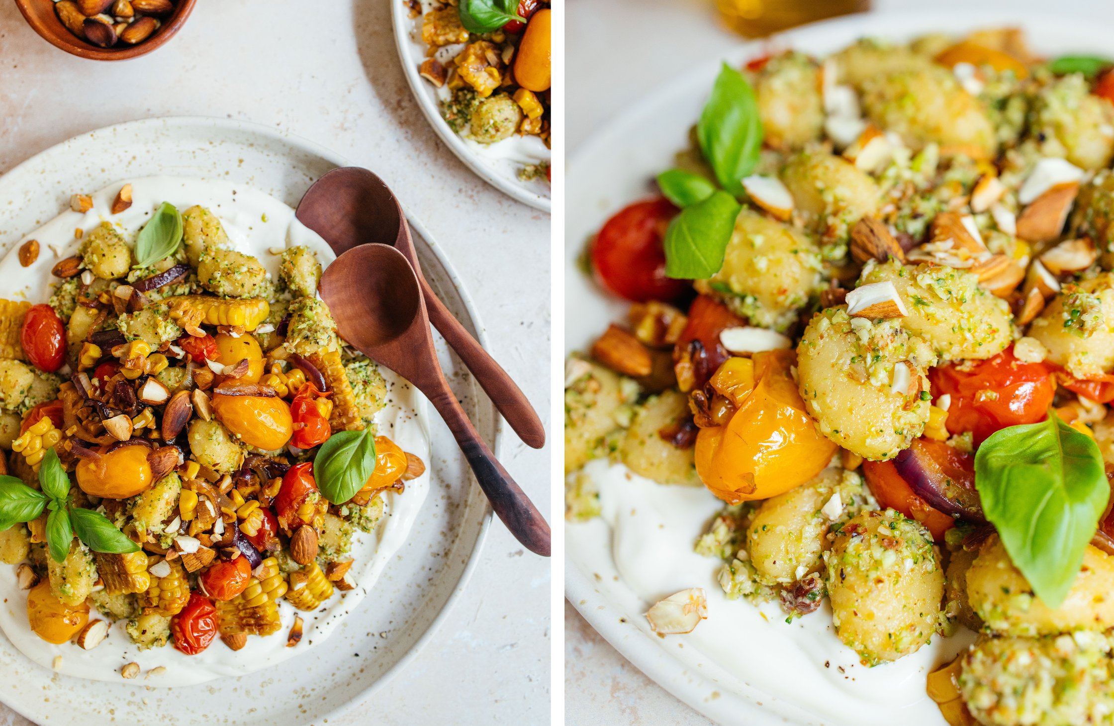 veganer Gnocchisalat mit Brokkolipesto angerichtet auf einem Teller; Gnocchisalat in Nahaufnahme
