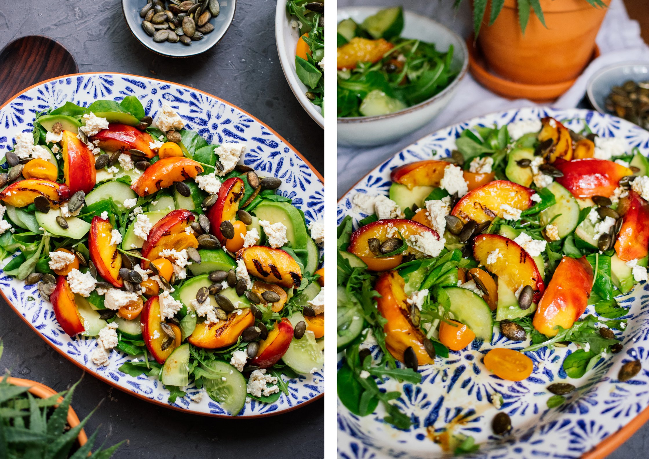 Sommersalat mit gegrilltem Pfirsich bereit zum essen