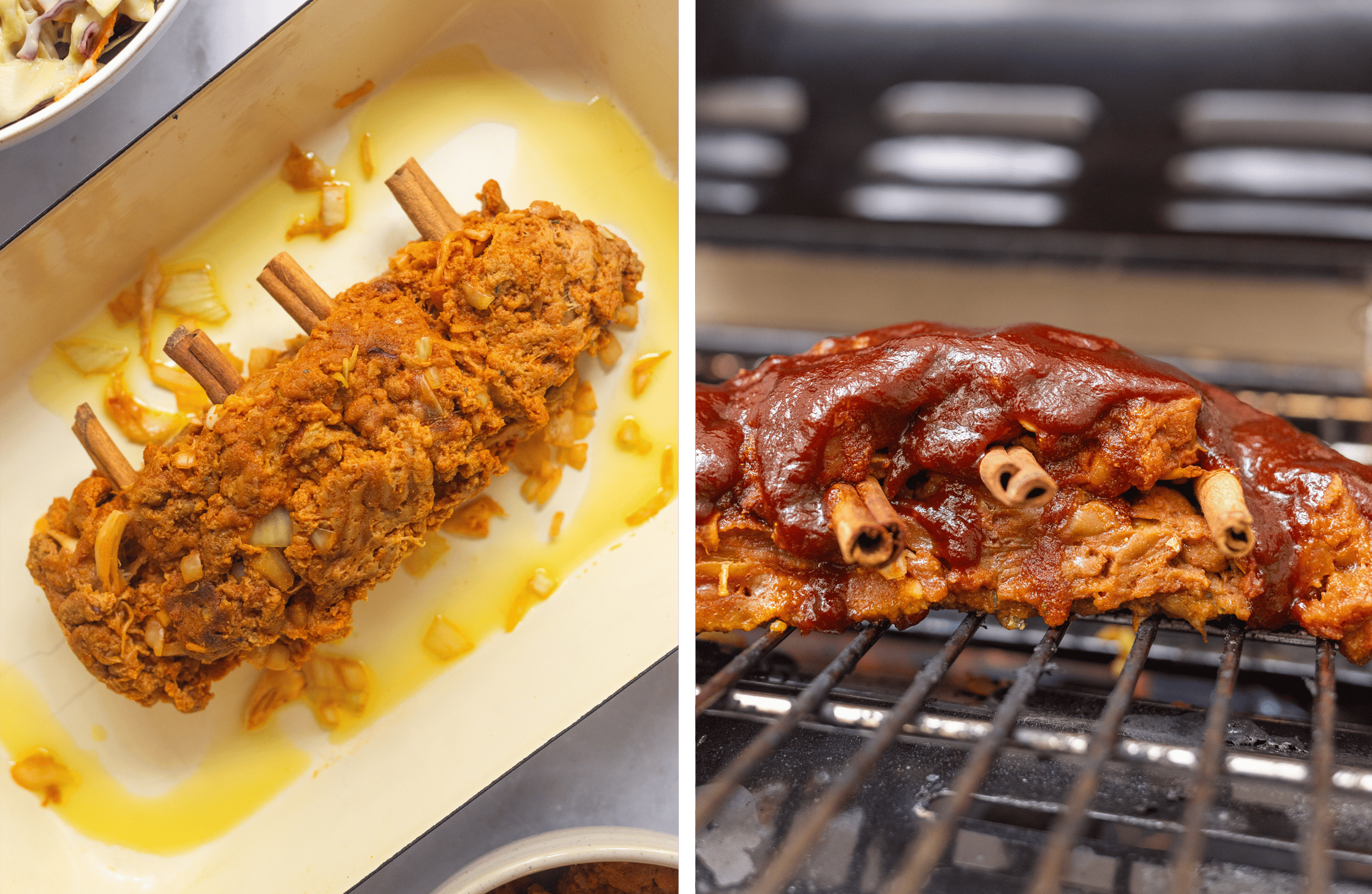 Ungekochte BBQ Ribs liegen in einer Auflaufform. Vegane BBQ Ribs liegen auf dem Grill.