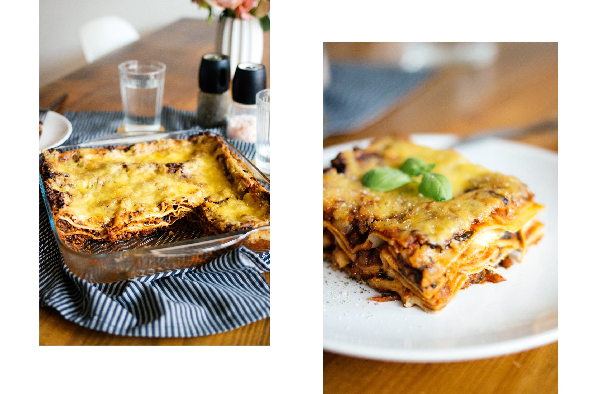 vegan lasagna covered with vegan, melted cheese