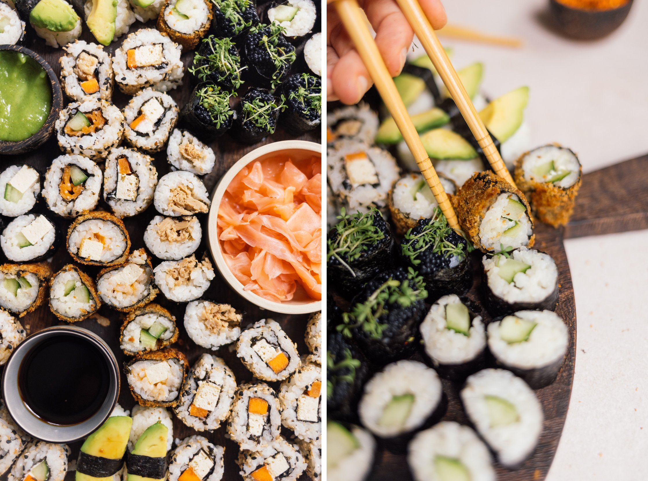 vegane Crispy Sushi Rollen mit Stäbchen greifen