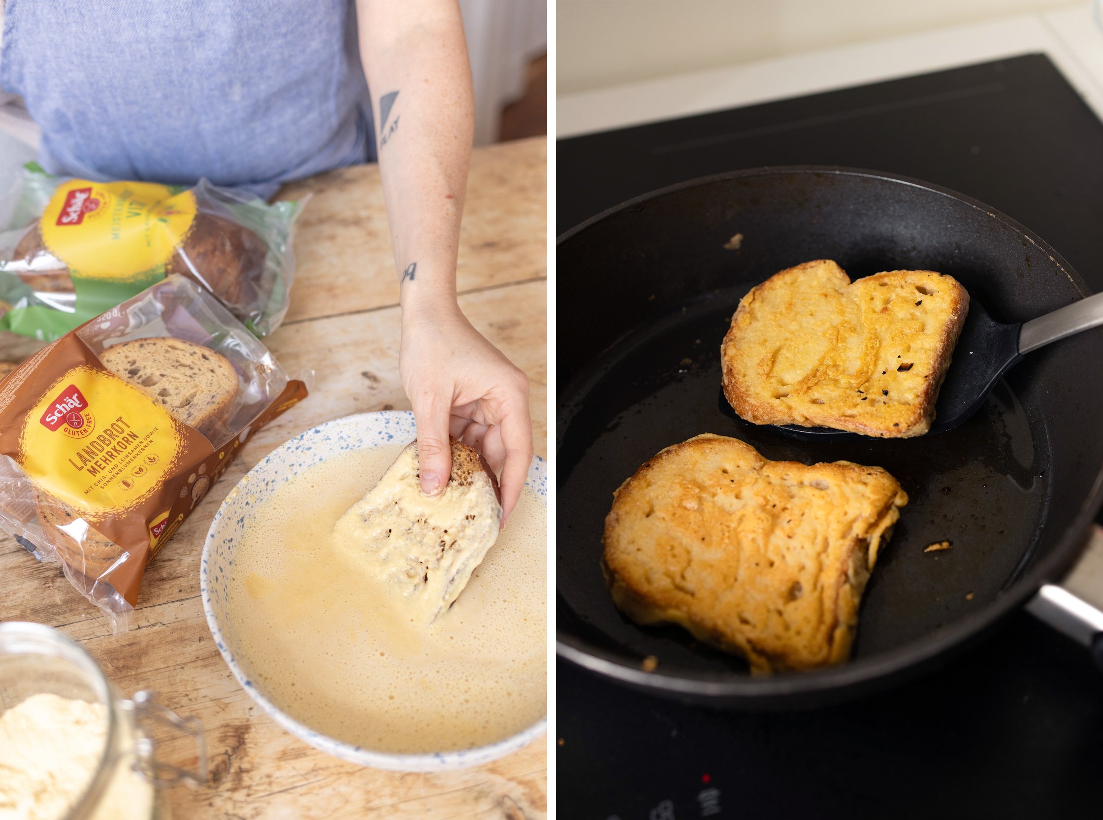 Gluten-free bread slices are dipped in a flour-and-milk mixture and fried in a pan to make French toast