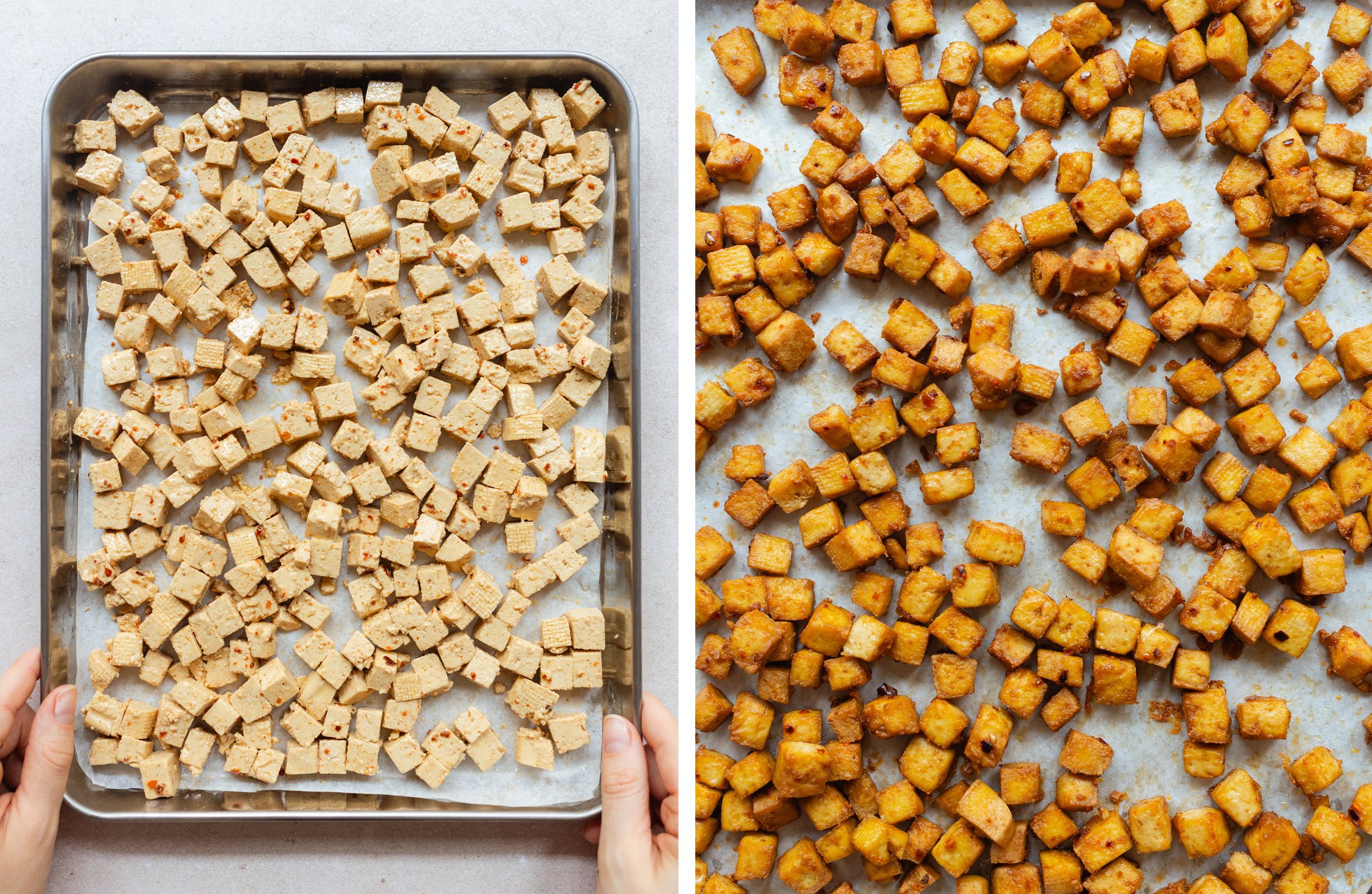 tofu dices before and after baking on a baking tray