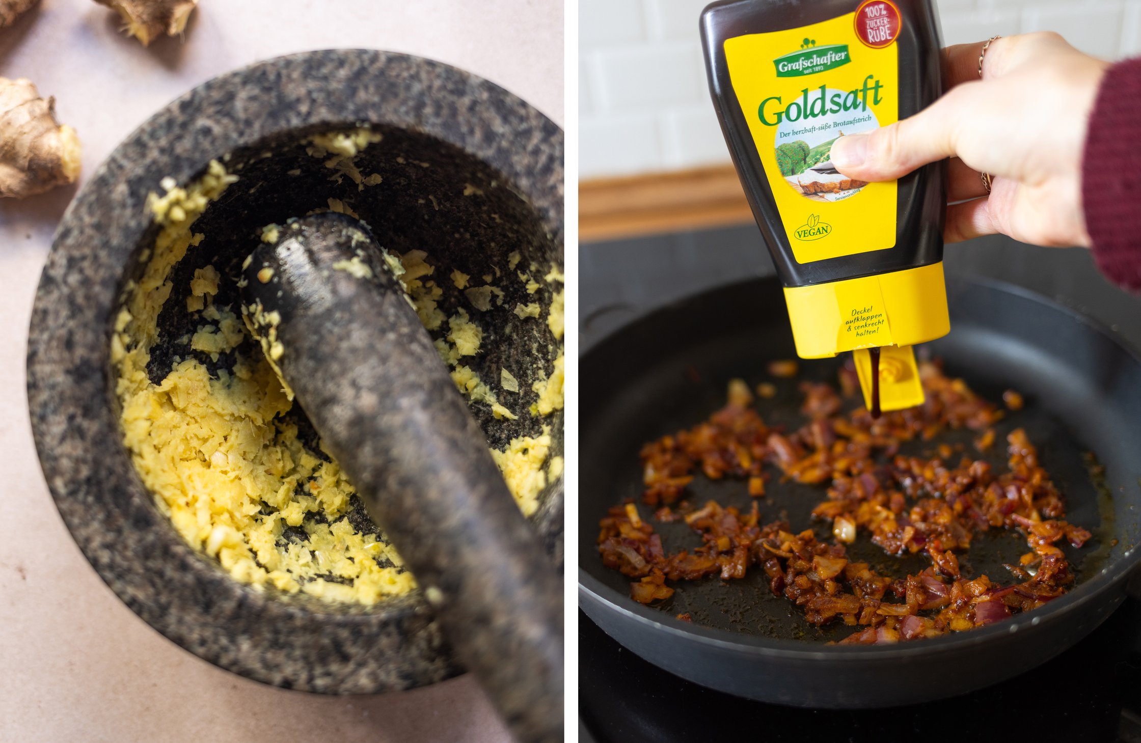 links: Zutaten für Marinade in einem Mörser
rechts: Goldsaft von Grafschafter kommt in Pfanne