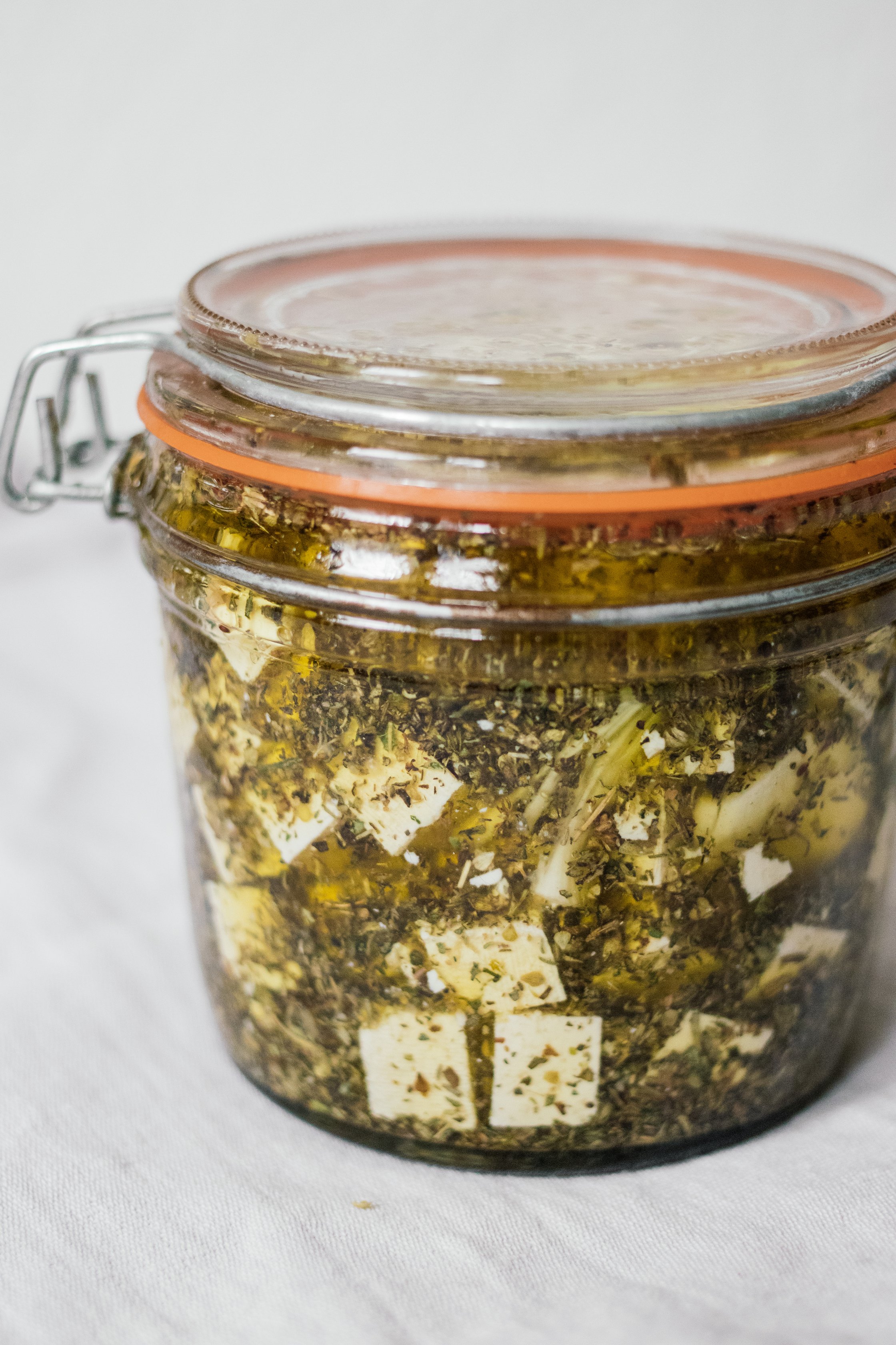 vegan feta tofu cheese in a jar