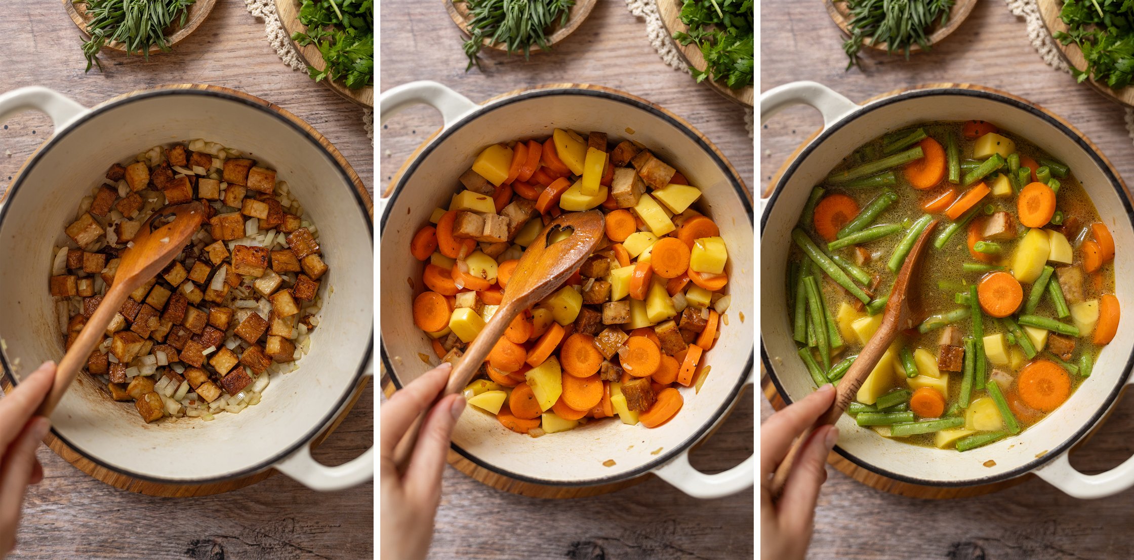 Ein dreiteiliges Foto auf dem das Gemüse step by step gegarrt und gekocht wird.