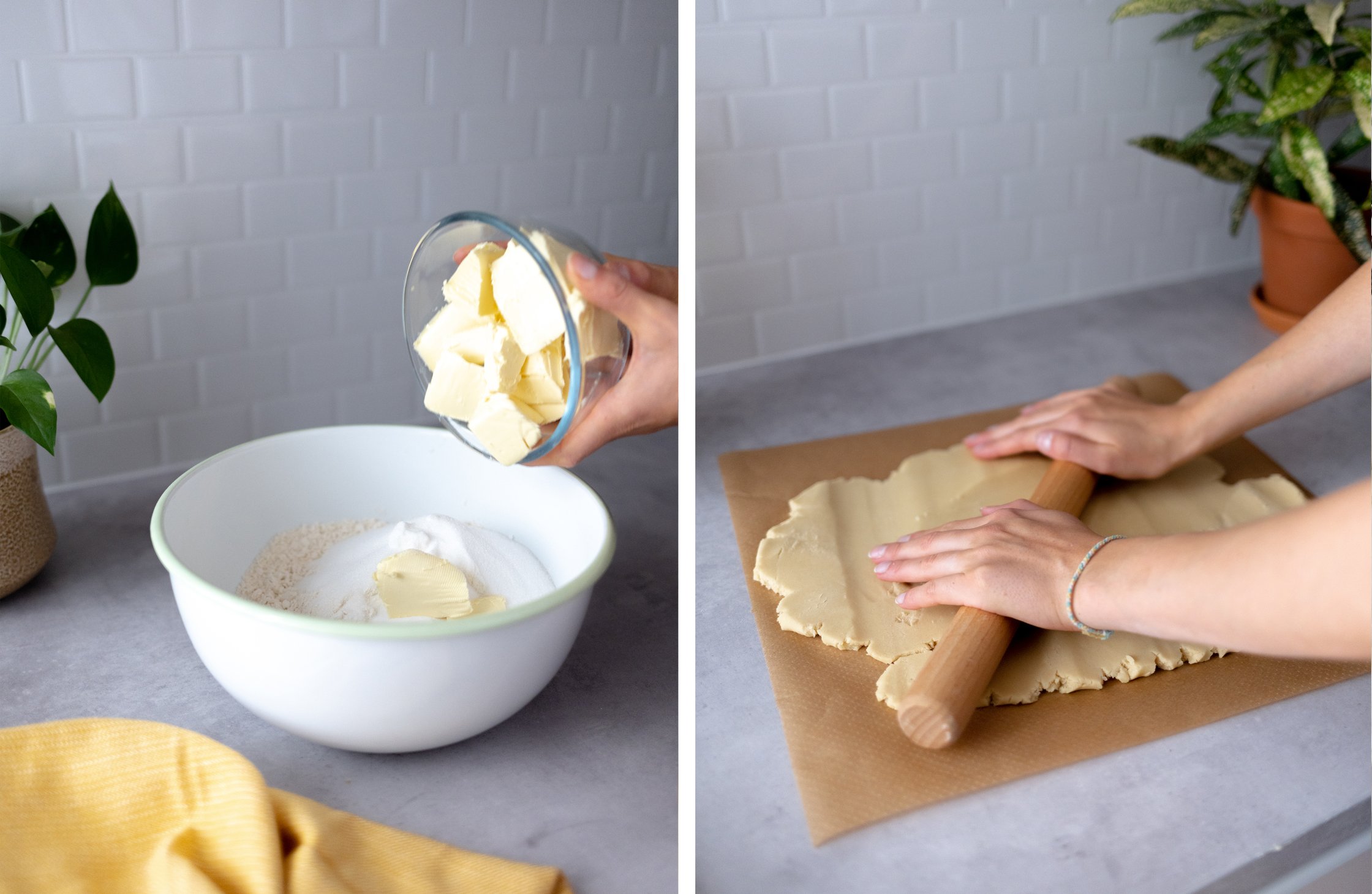 dough for vegan crumble cake, right side: on a baking sheet, left: in a bowl