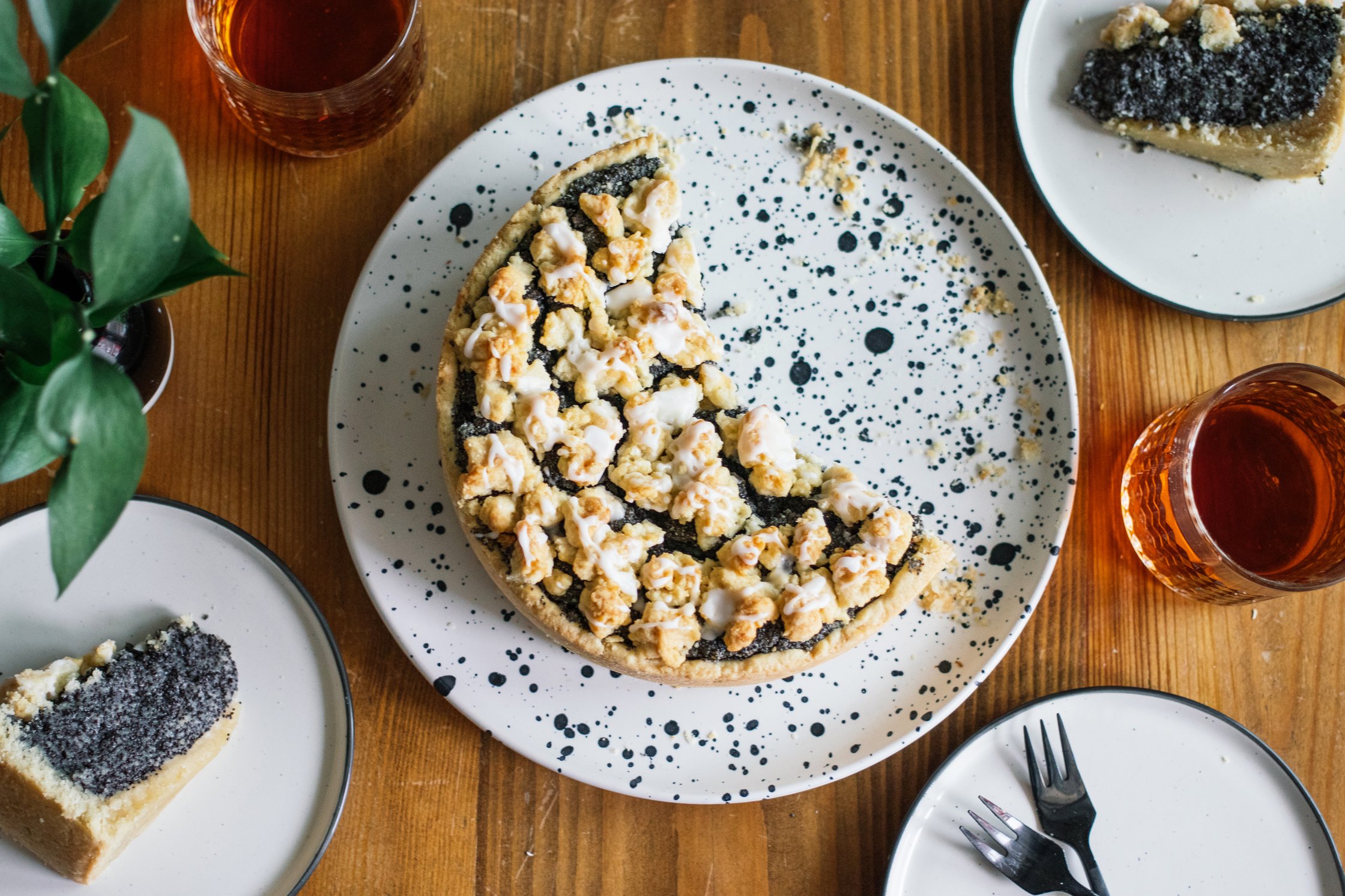 Vegan Poppy Seed Cake with Crumble Topping served on the table
