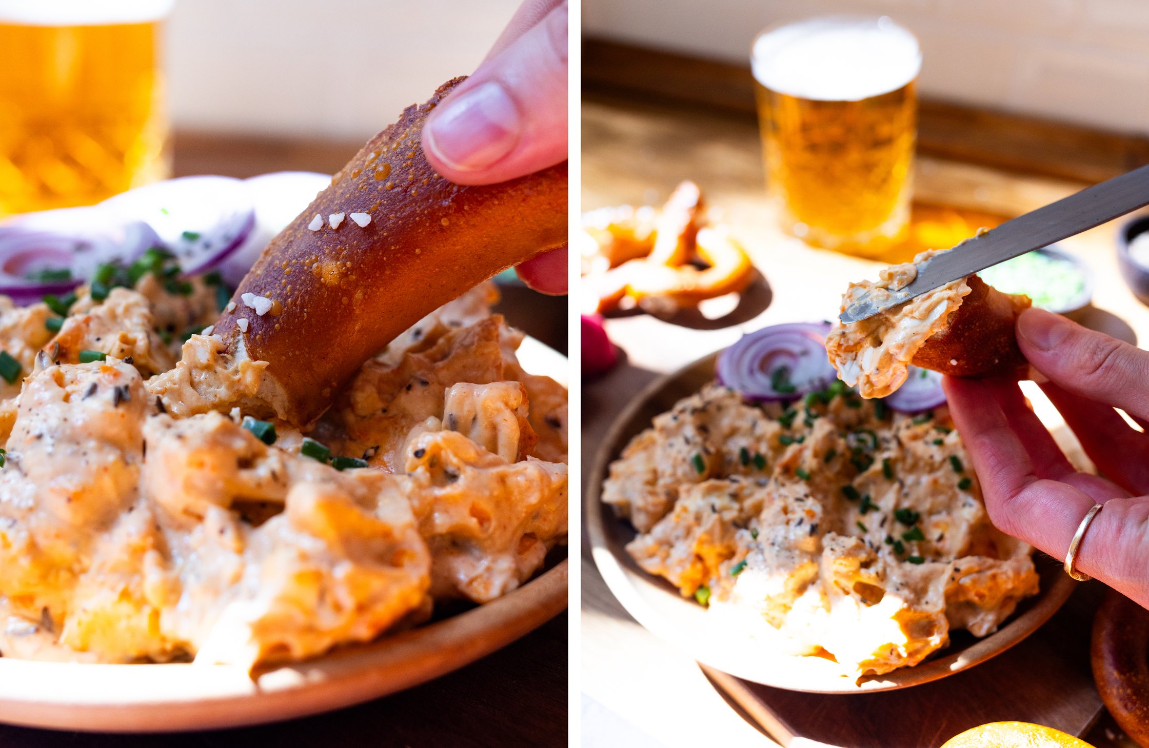 left: dip pretzel in vegan obazda
right: spread obazda on the pretzel with a knife