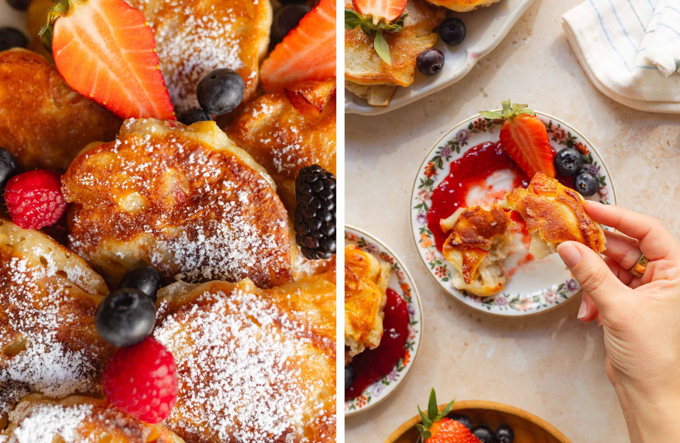 close-up of vegan yeast pancakes; a yeast pancake is split and eaten