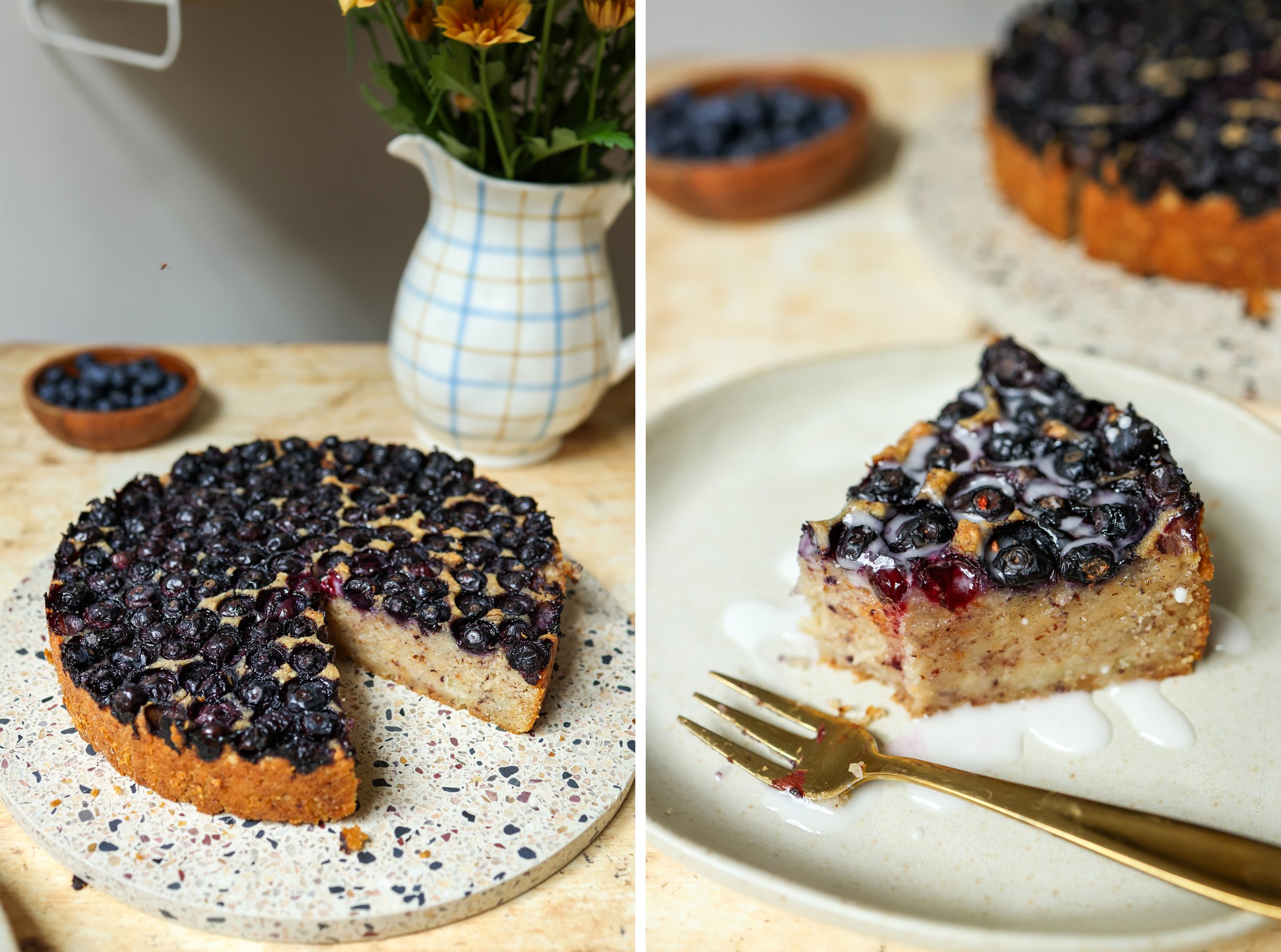 a piece of Vegan Semolina Cake with Blueberries on a plate