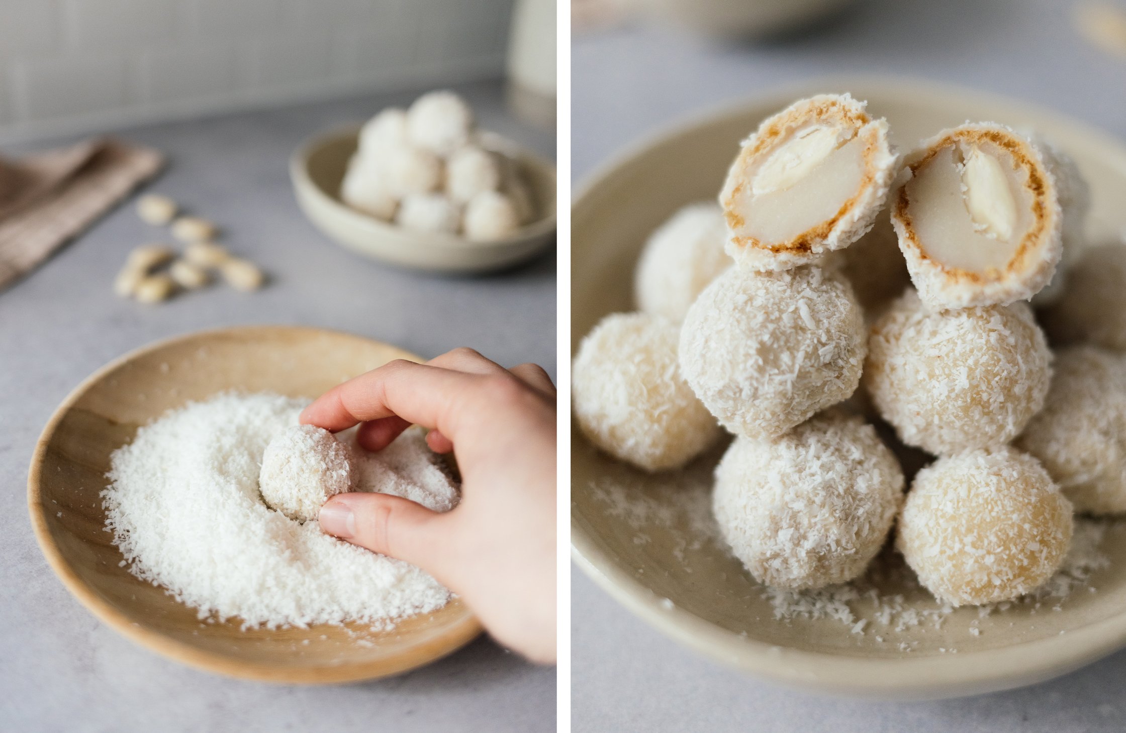vegane Raffaello mit Kokosraspeln überziehen; Vegane Raffaello gestapelt
