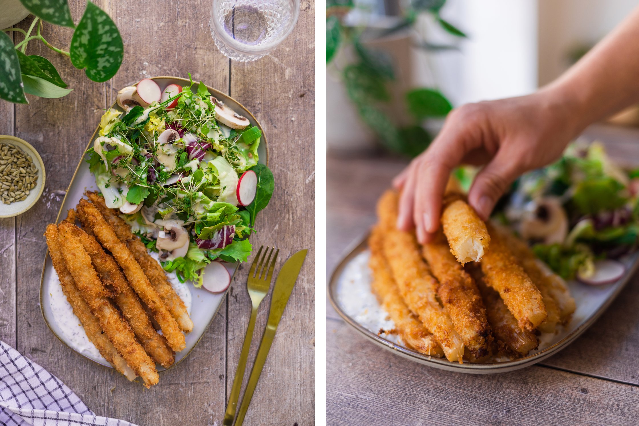 Golden brown deep fried asparagus with spring salad and vegan hollandaise sauce served on a wooden base.