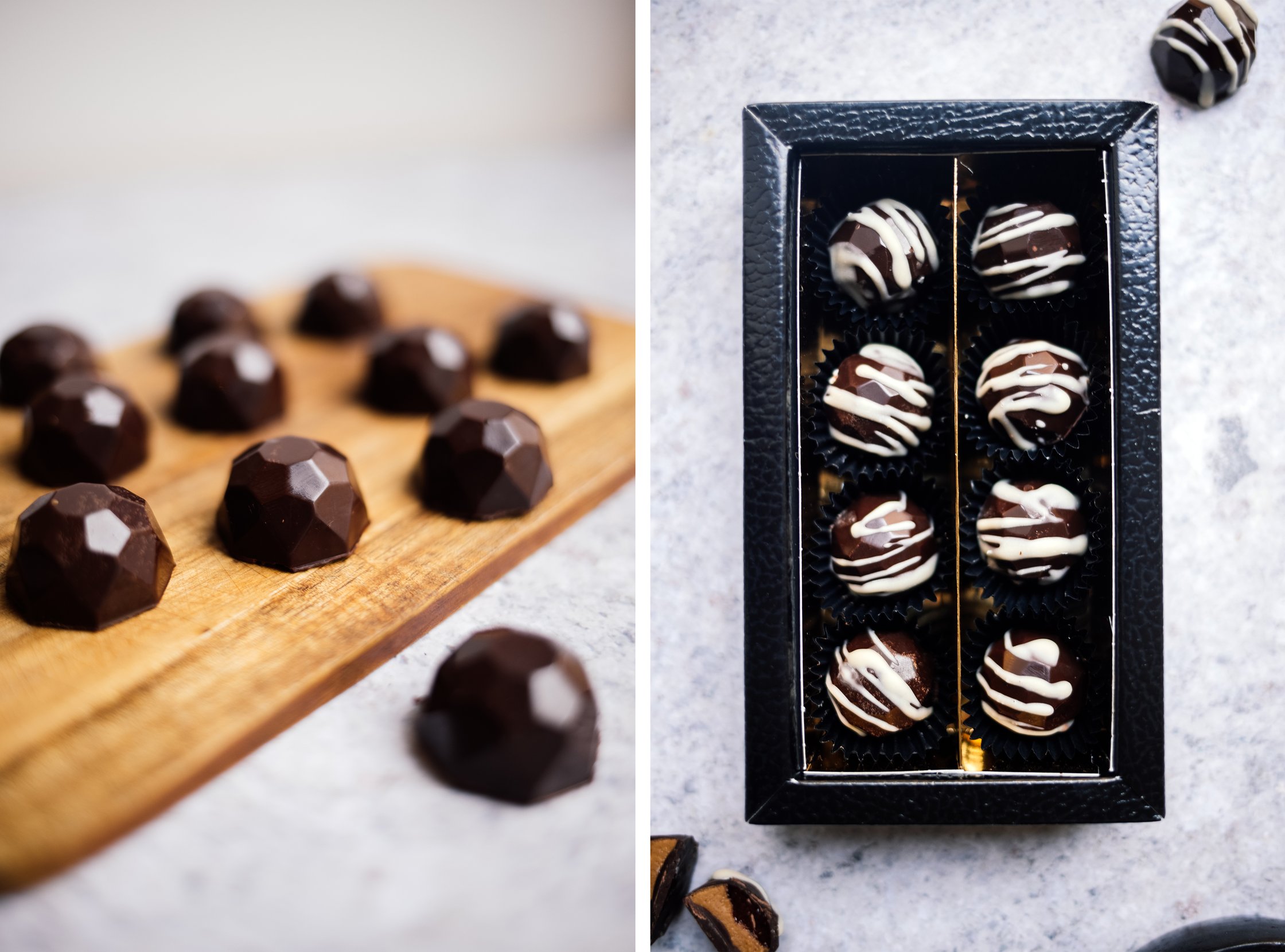 decorating vegan filled chocolates with vegan white chocolate