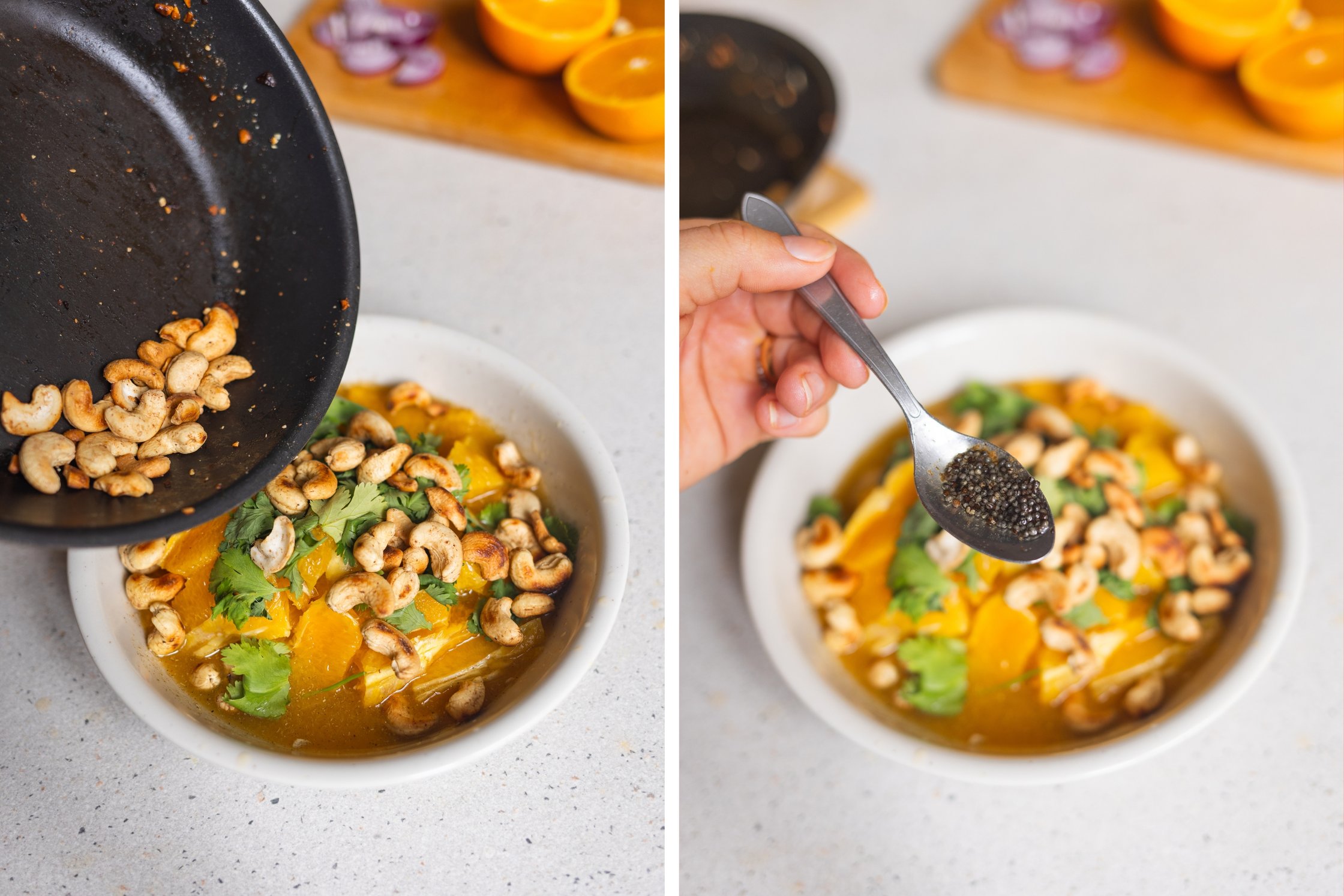 preparing a vegan salad with oranges and cashews