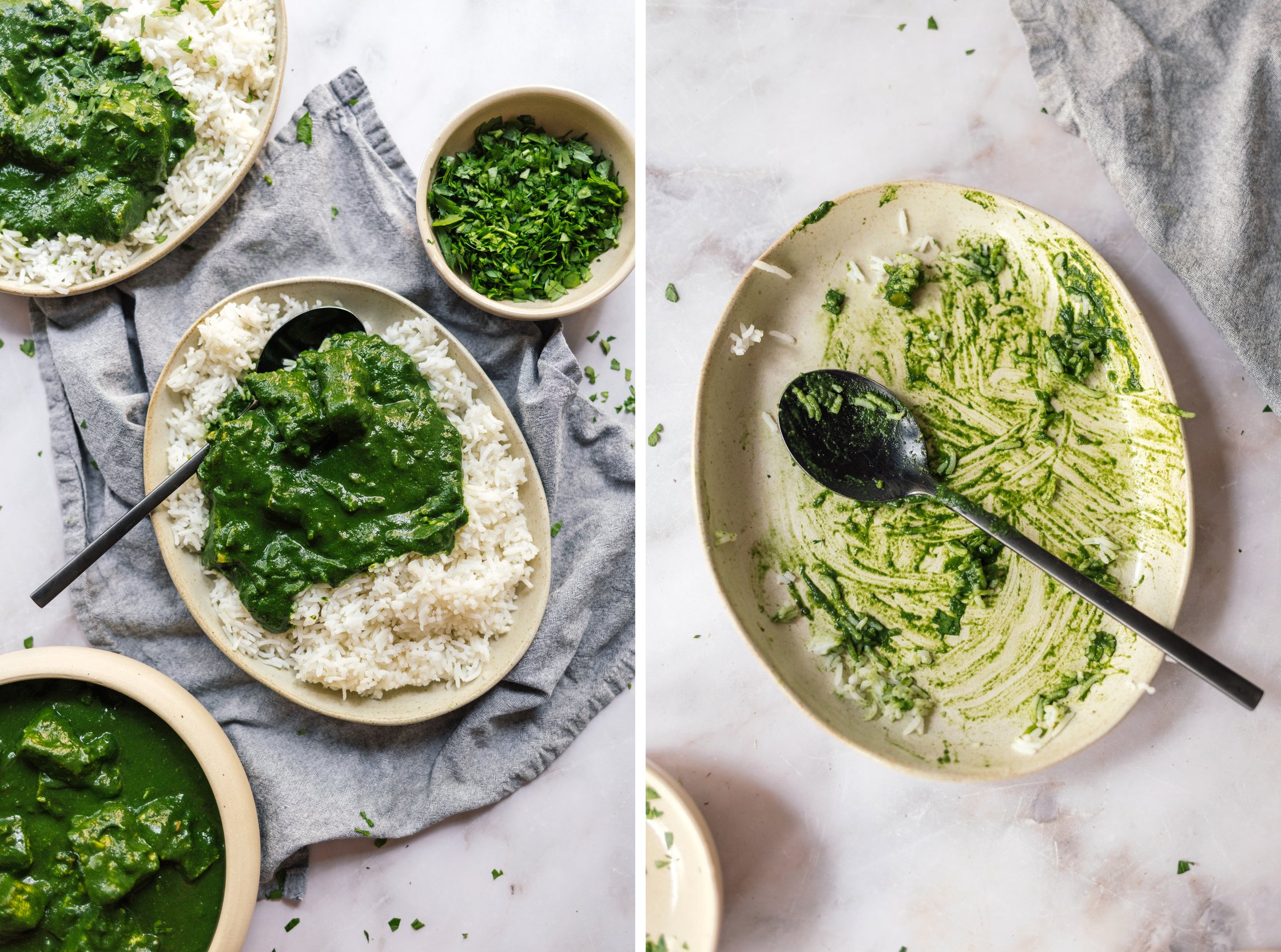 empty plate of vegan palak paneer with tofu