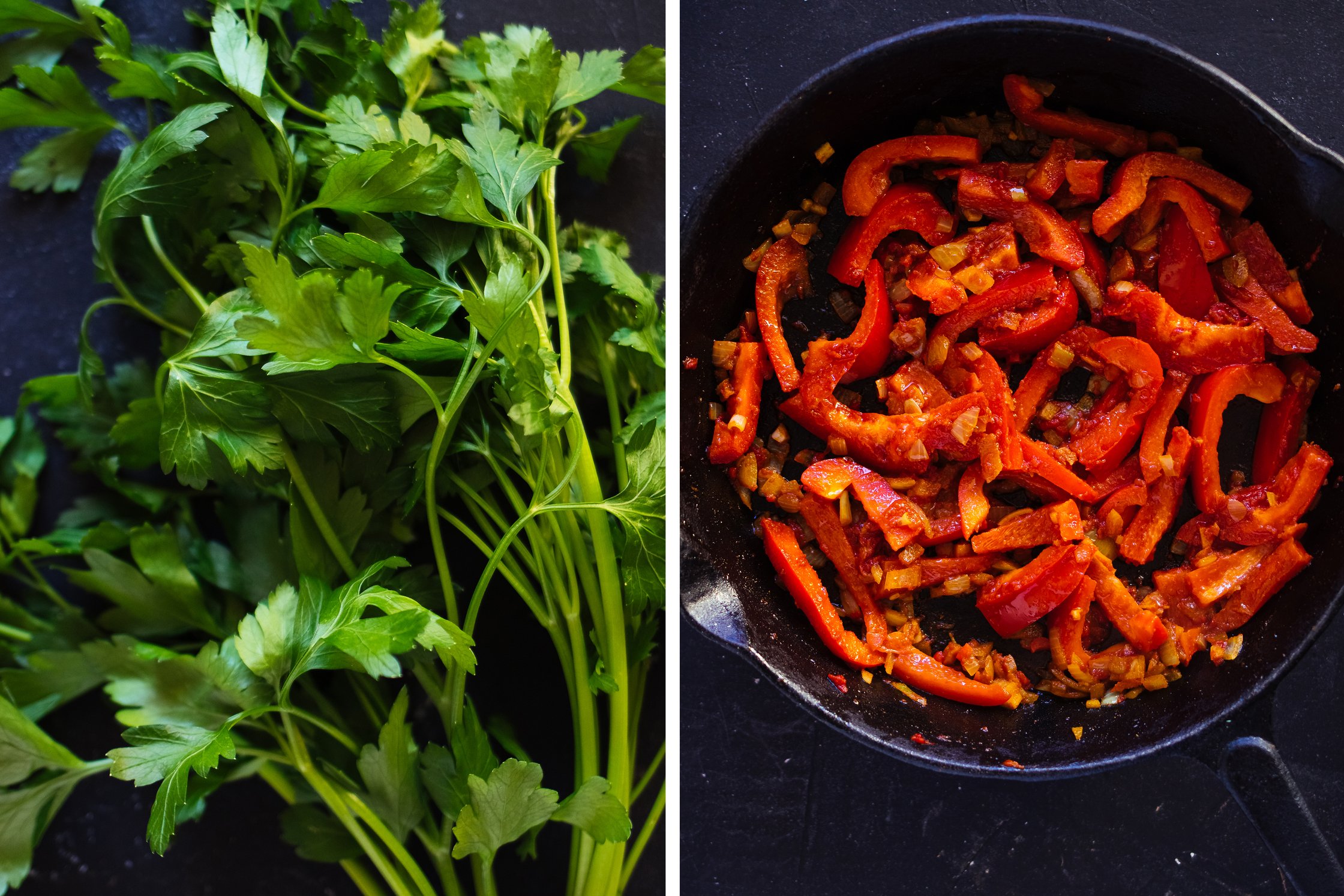 Paprika werden angebraten in einer Pfanne