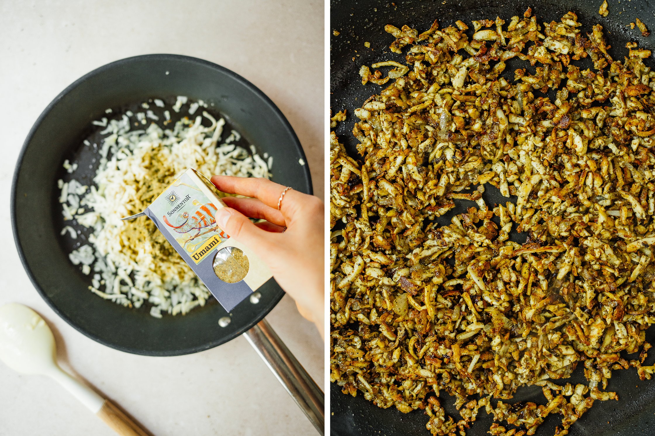 Tofu wird mit Umami-Gewürz gebraten