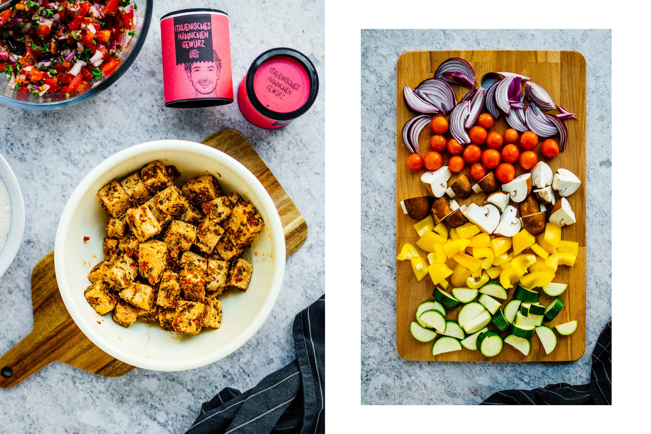 Marinierter Tofu, Tomaten-Salsa, frisches, geschnittenes Gemüse