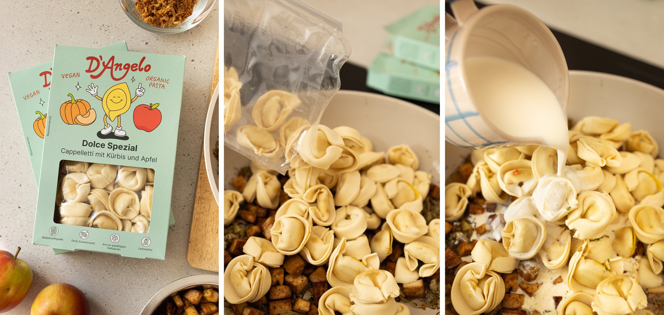 Links: Die Tortelinipackung liegt auf dem Tisch. Mitte: Tortellini und Tofu in der Pfanne. Rechts: vegane Sahne kommt hinzu.