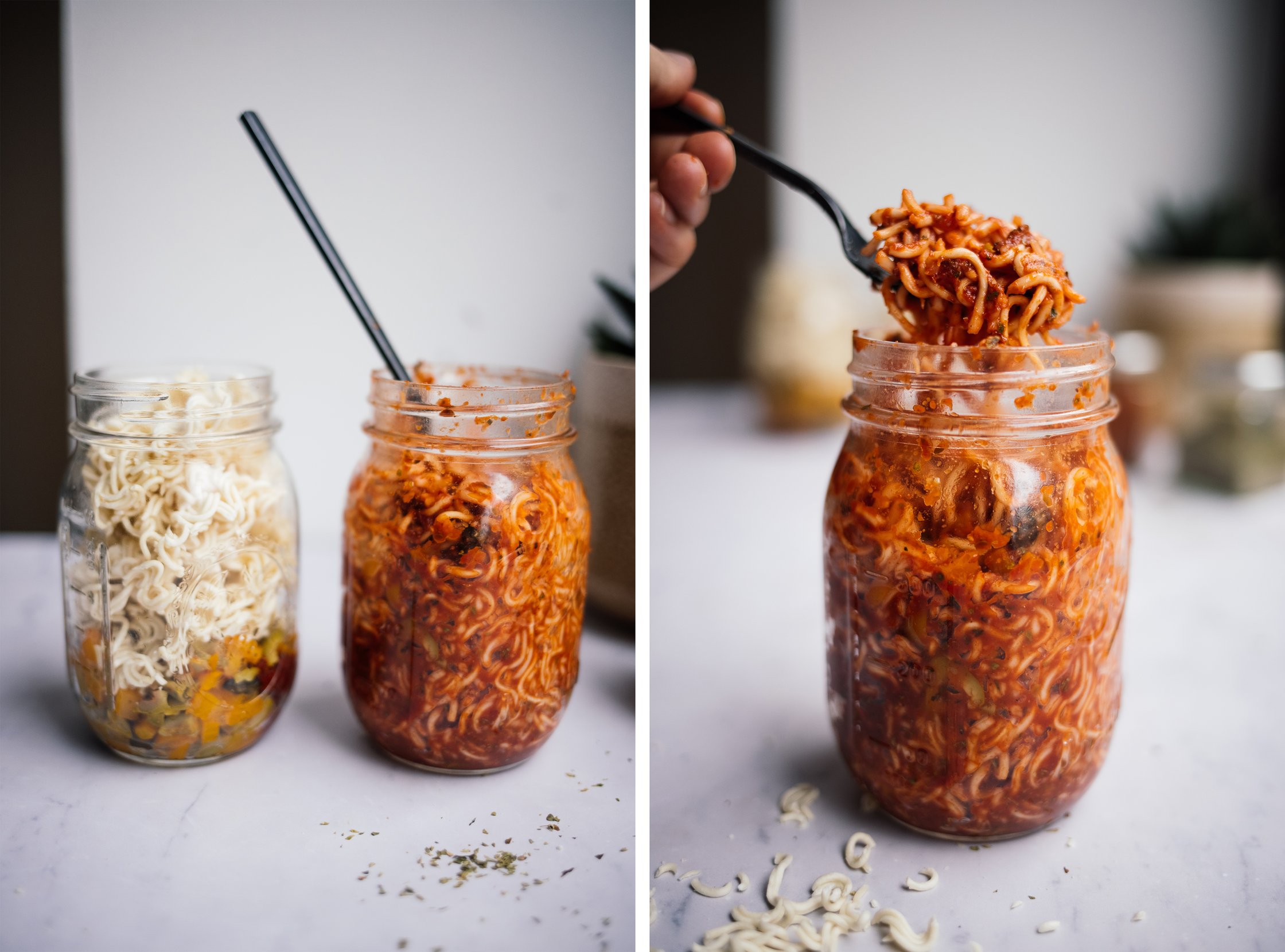a fork with homemade vegan instant pasta