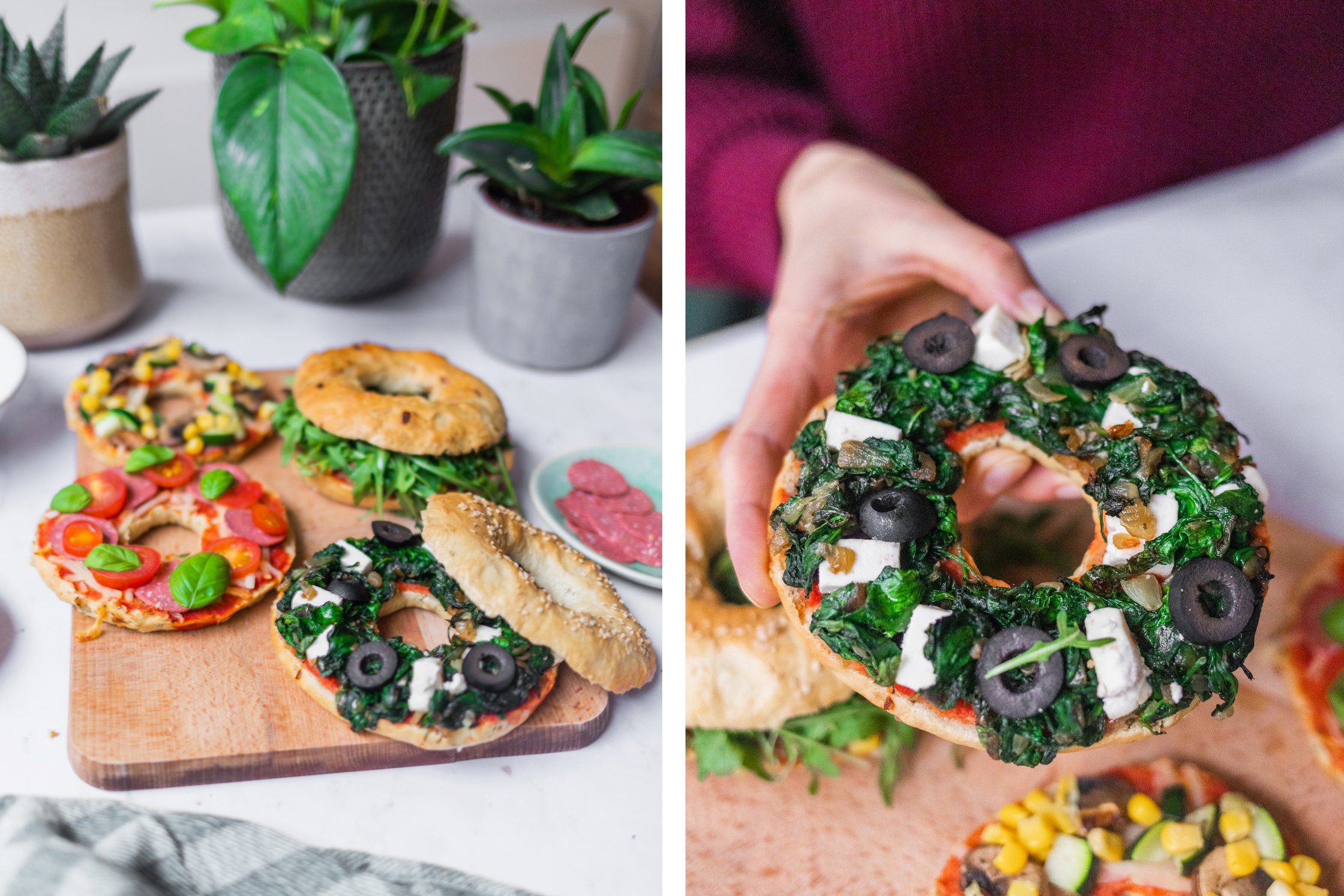 Vegane Pizzabagel mit verschiedenen Toppings.