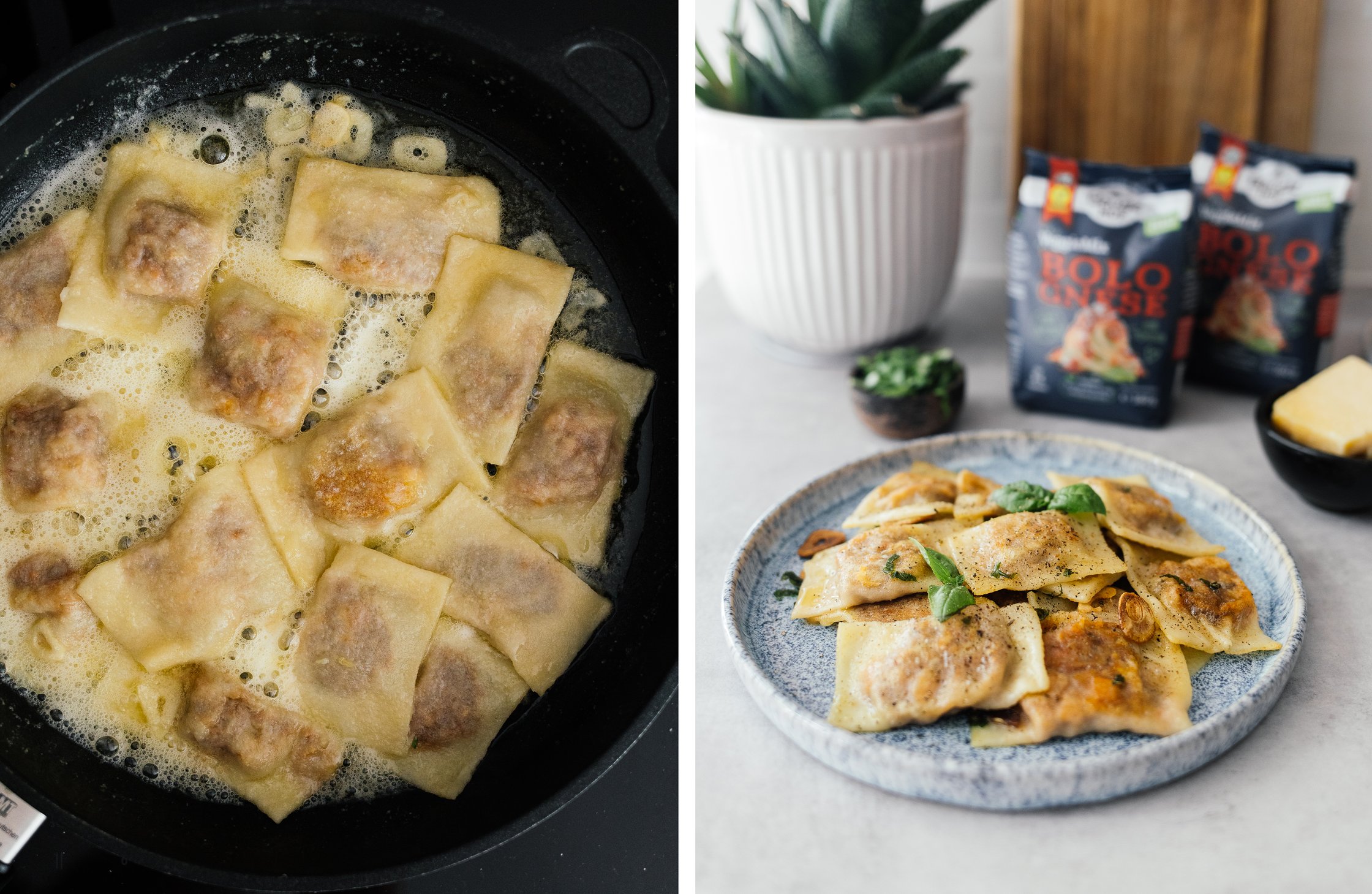 frying vegan ravioli in a pan and serving it