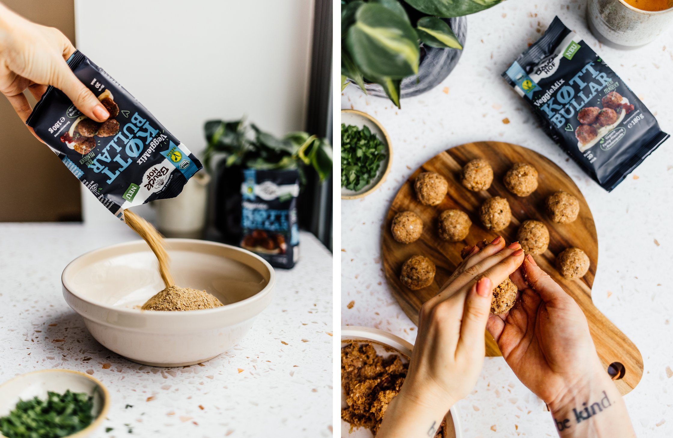 stiring vegan köttbullar mix; forming little balls