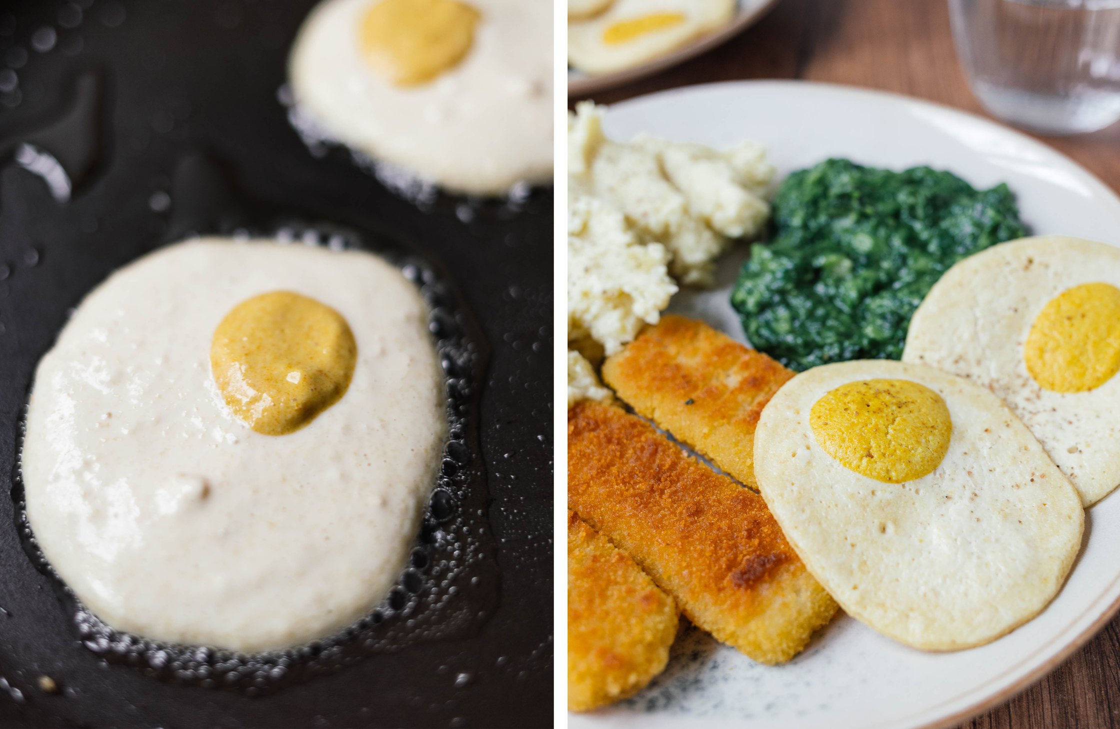 vegan fried eggs in a pan and arranged on a plate