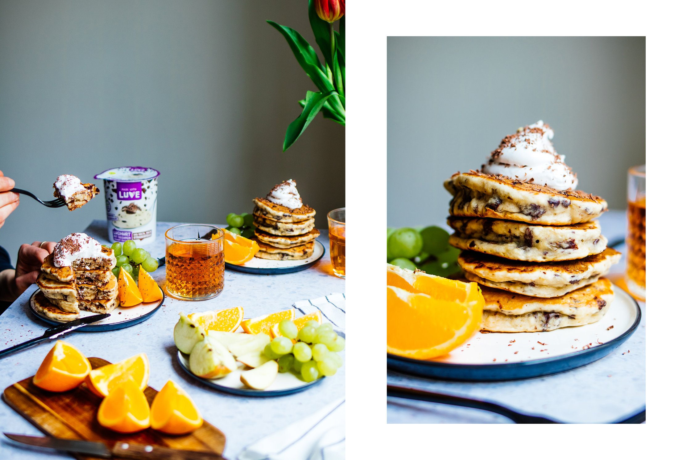 vegan stracciatella pancakes with fresh fruits