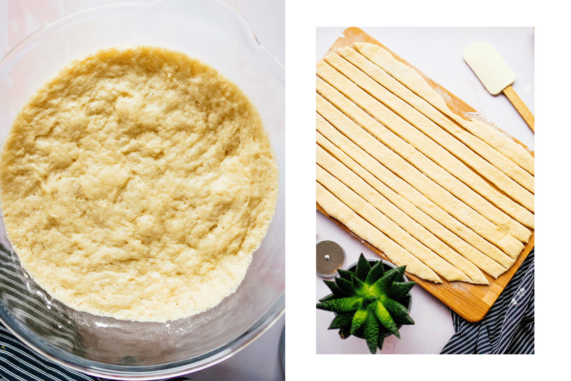 veganer Hefeteig wird in Streifen geschnitten