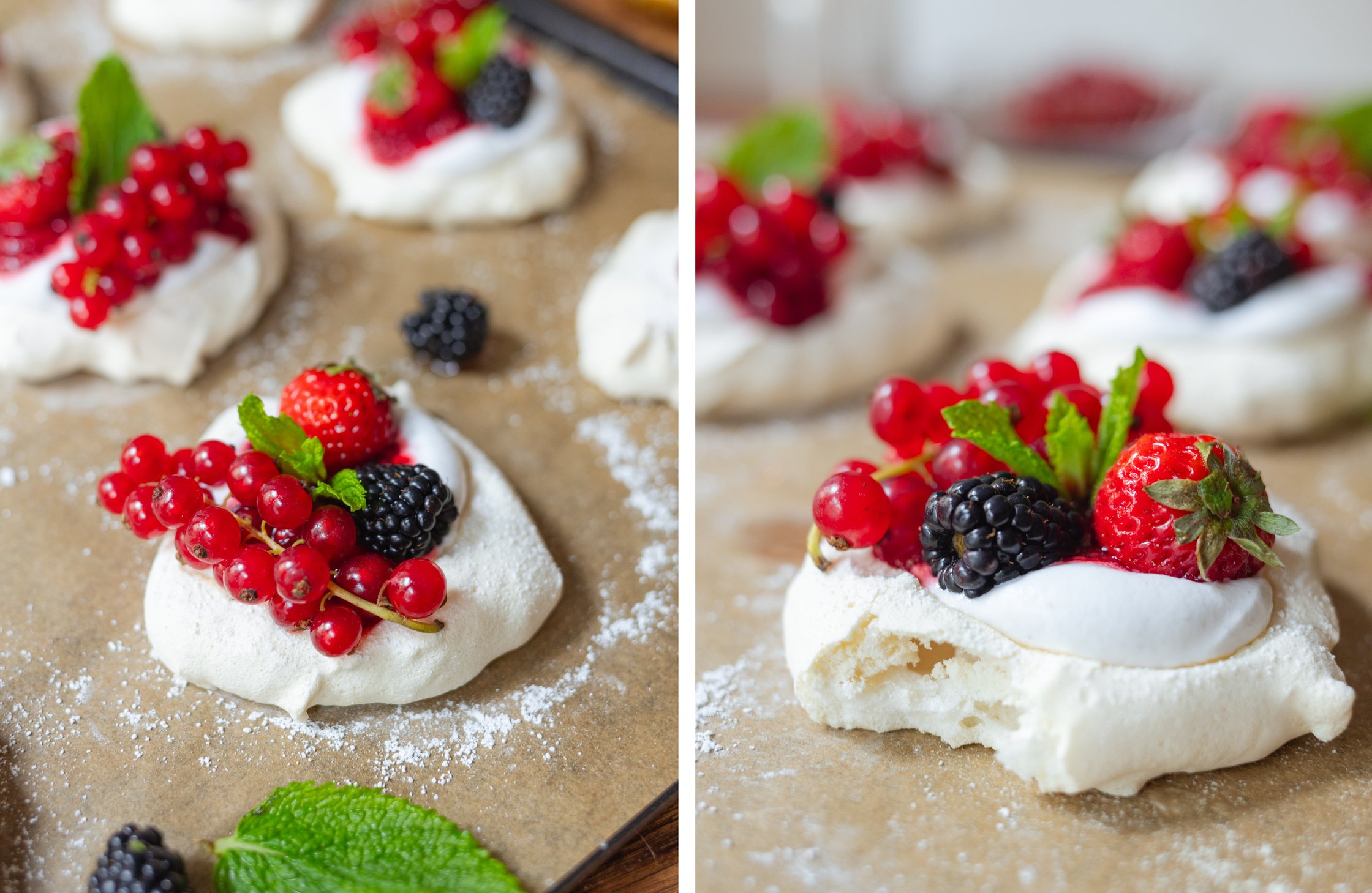 veganes Pavlova mit Sahne und roten Beeren auf einem Backblech
