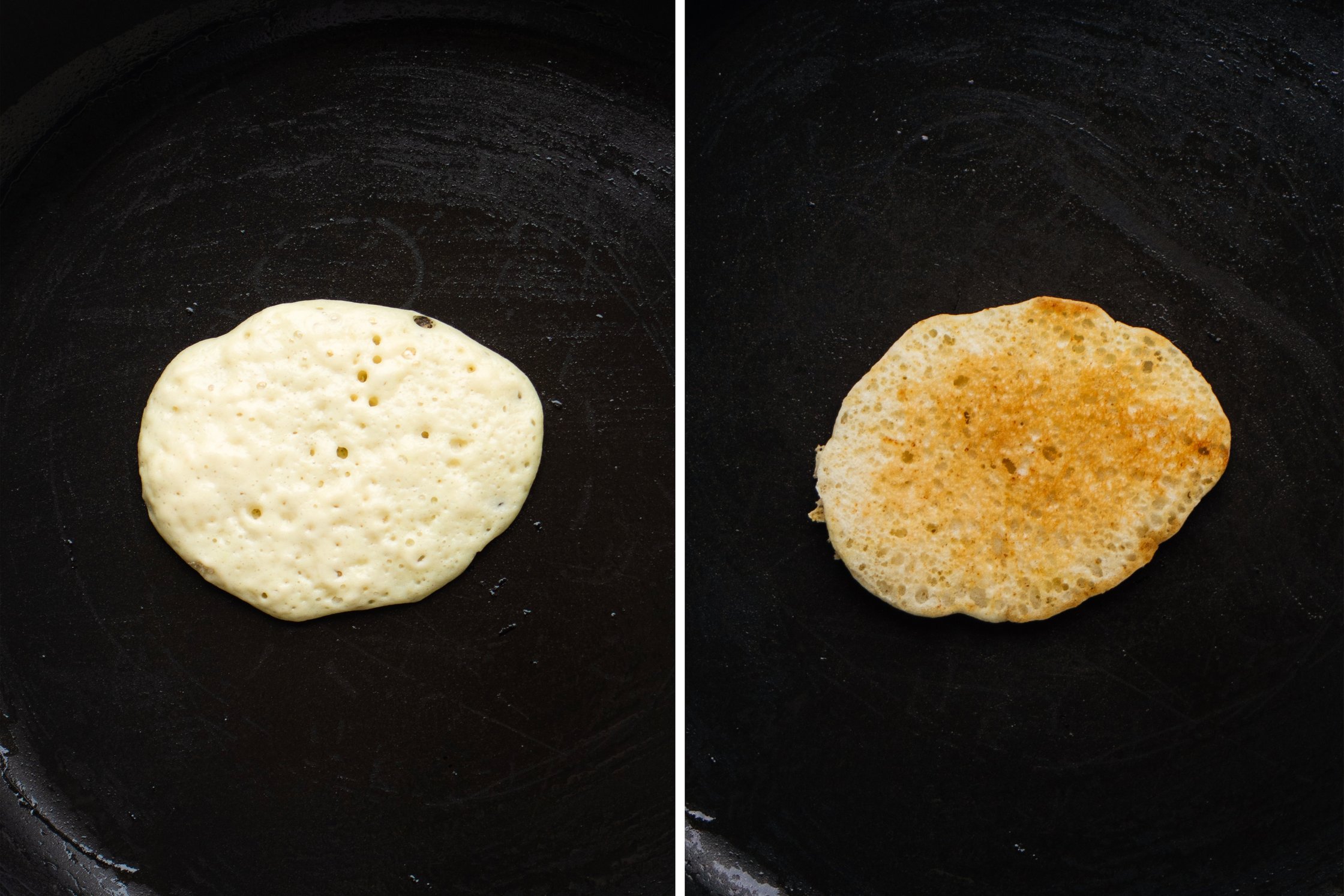 ungebackener pancake in pfanne, gebackener pancake in pfanne
