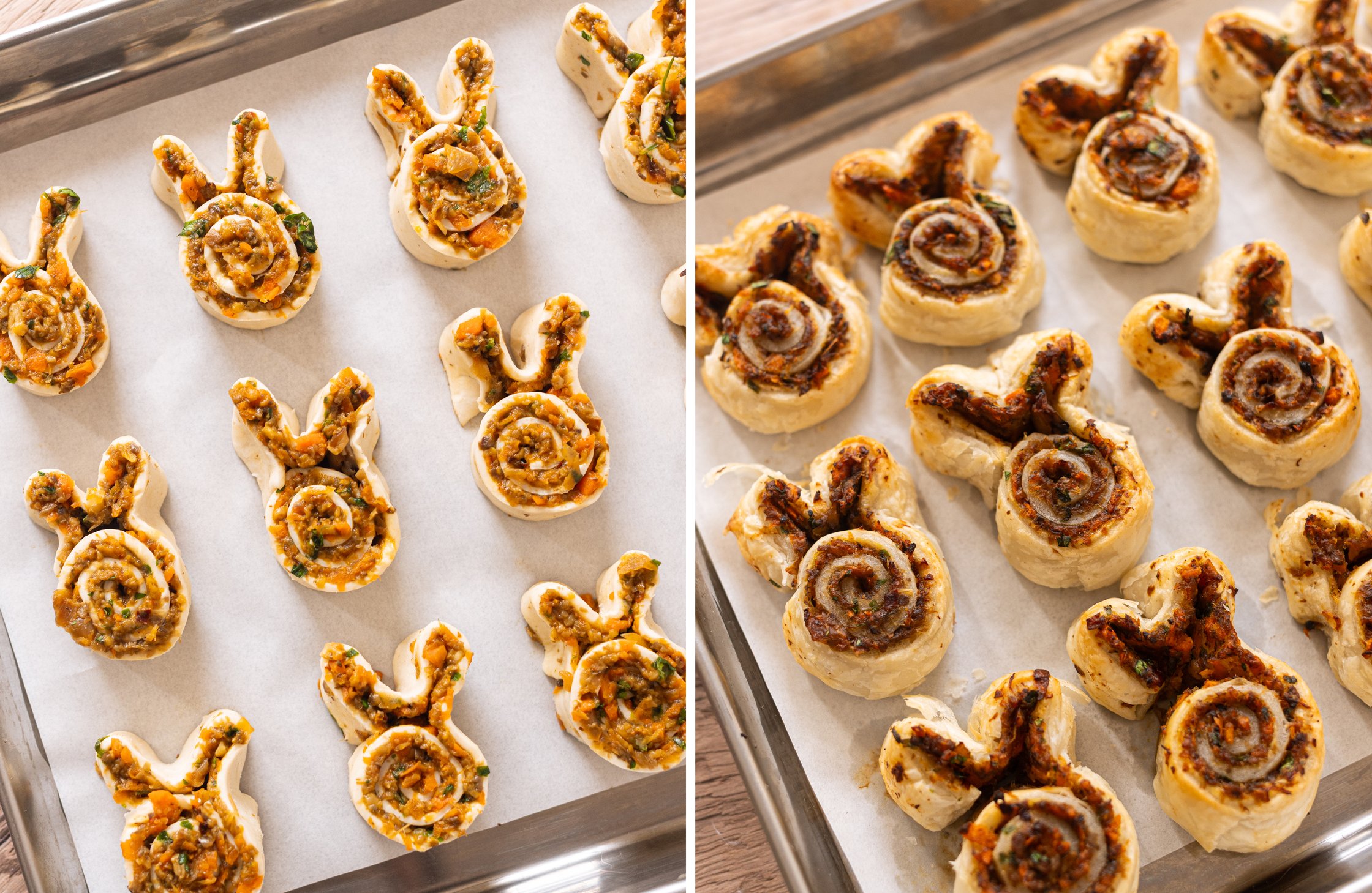 Two-part image - puff pastry bunnies before and after baking.