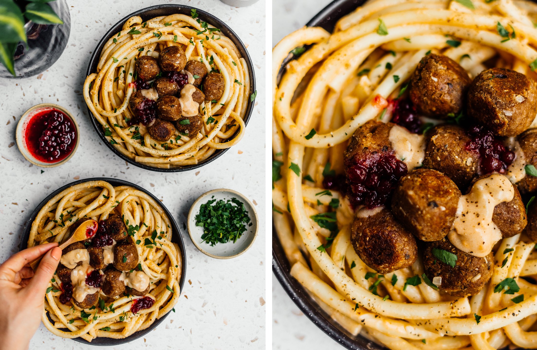 Teller mit veganer Köttbullar Pasta, Nahaufnahme von veganer Köttbullar Pasta