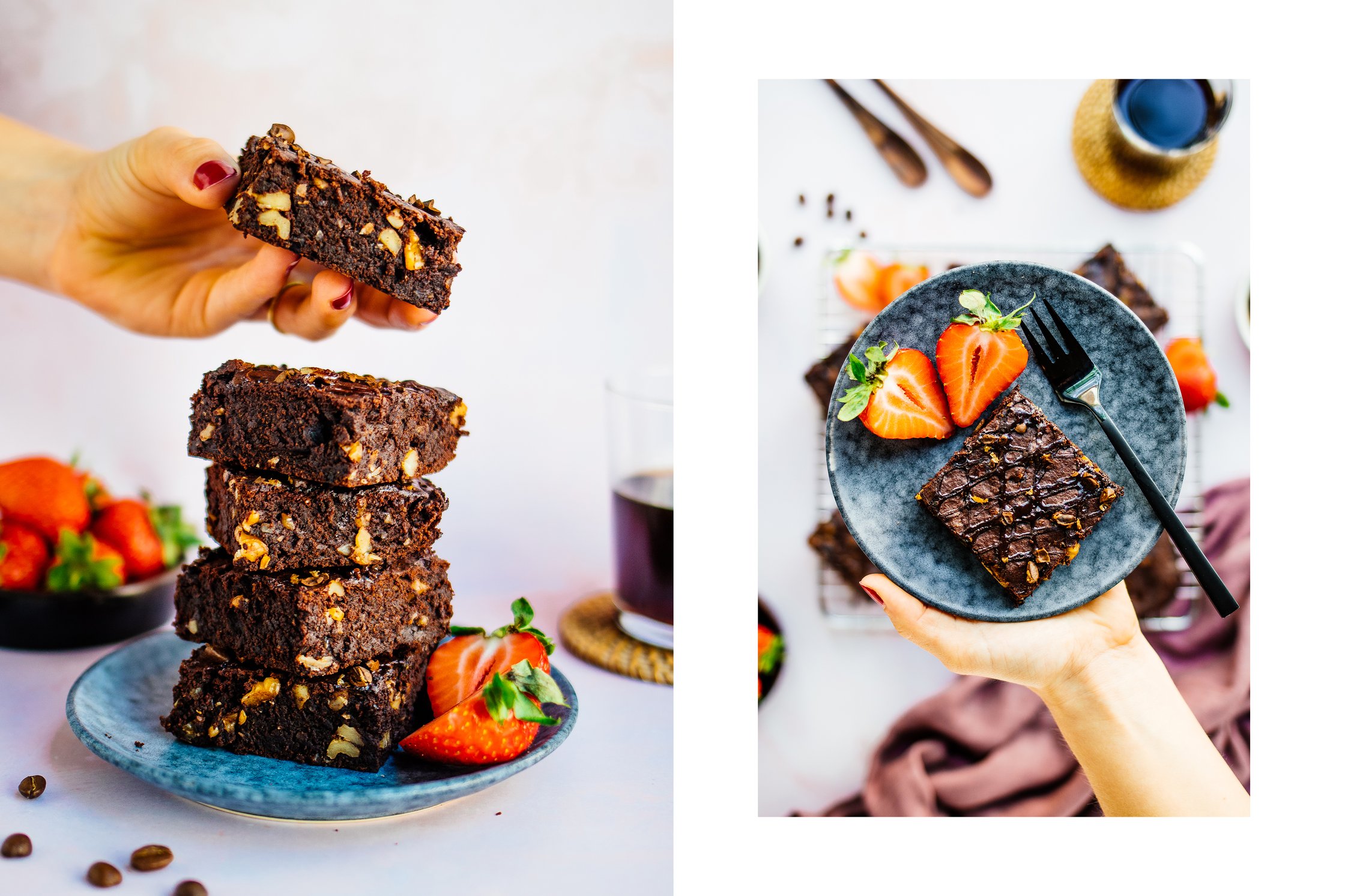 Gebackene vegane Espresso-Brownies mit Walnüssen und Erdbeeren