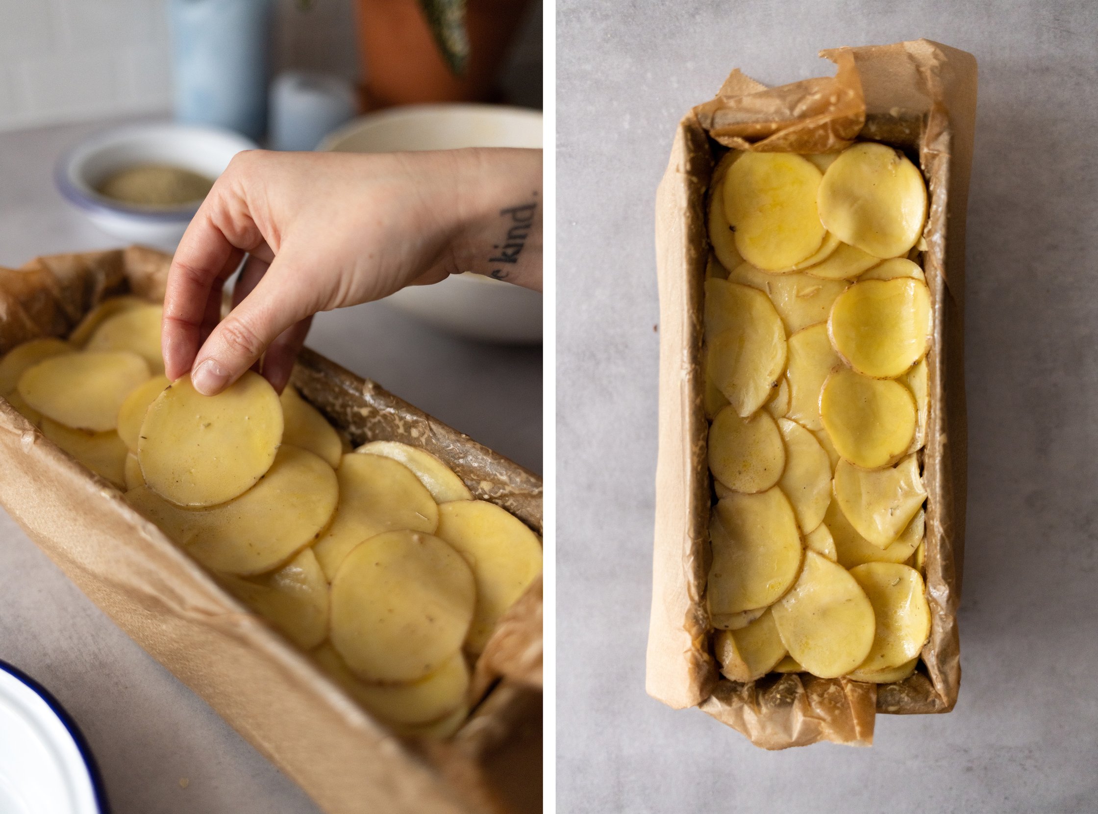 layering potato slices in a loaf pan
