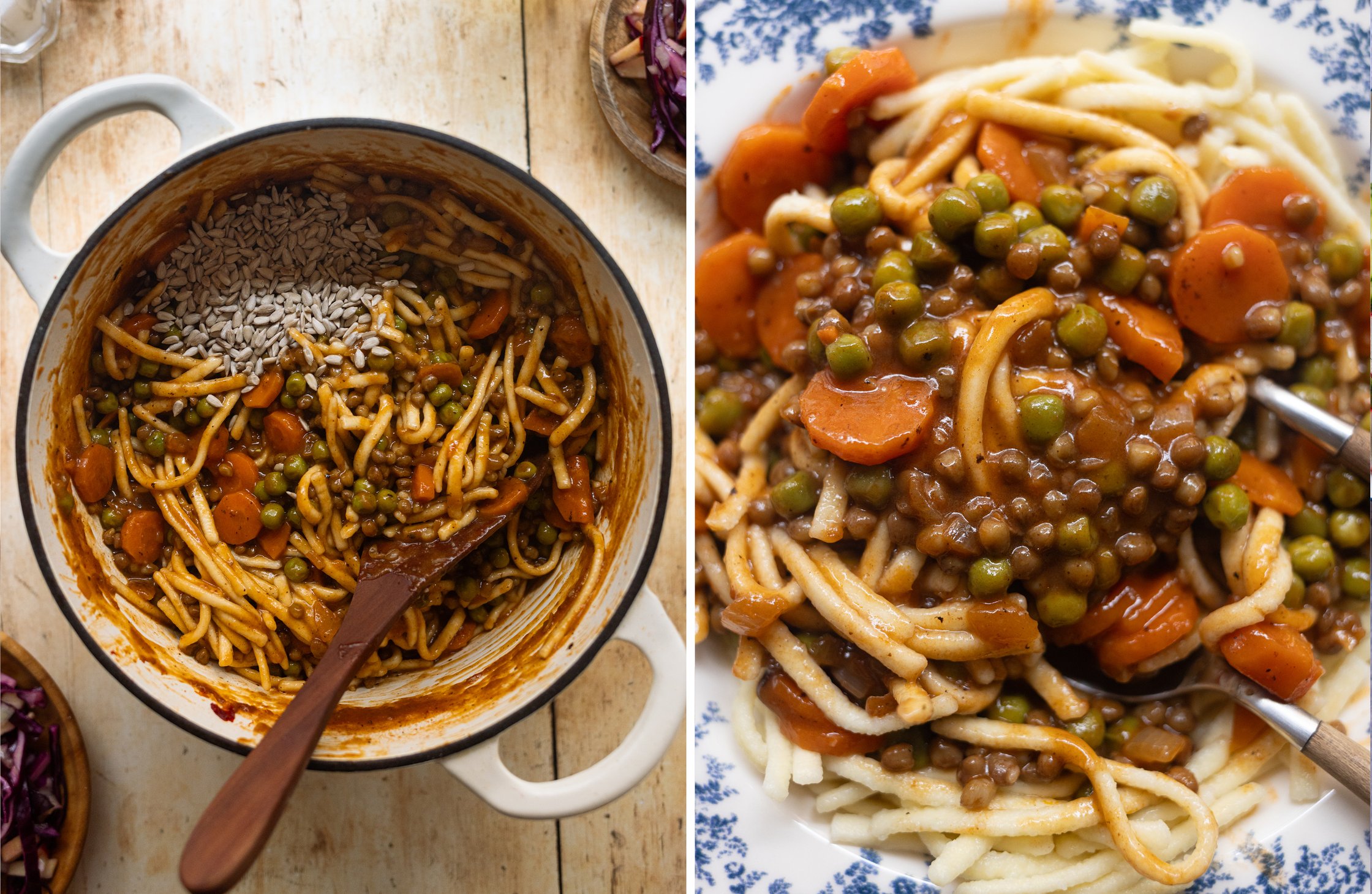 Zweigeteiltes Bild, Gulasch im Topf und auf dem Teller