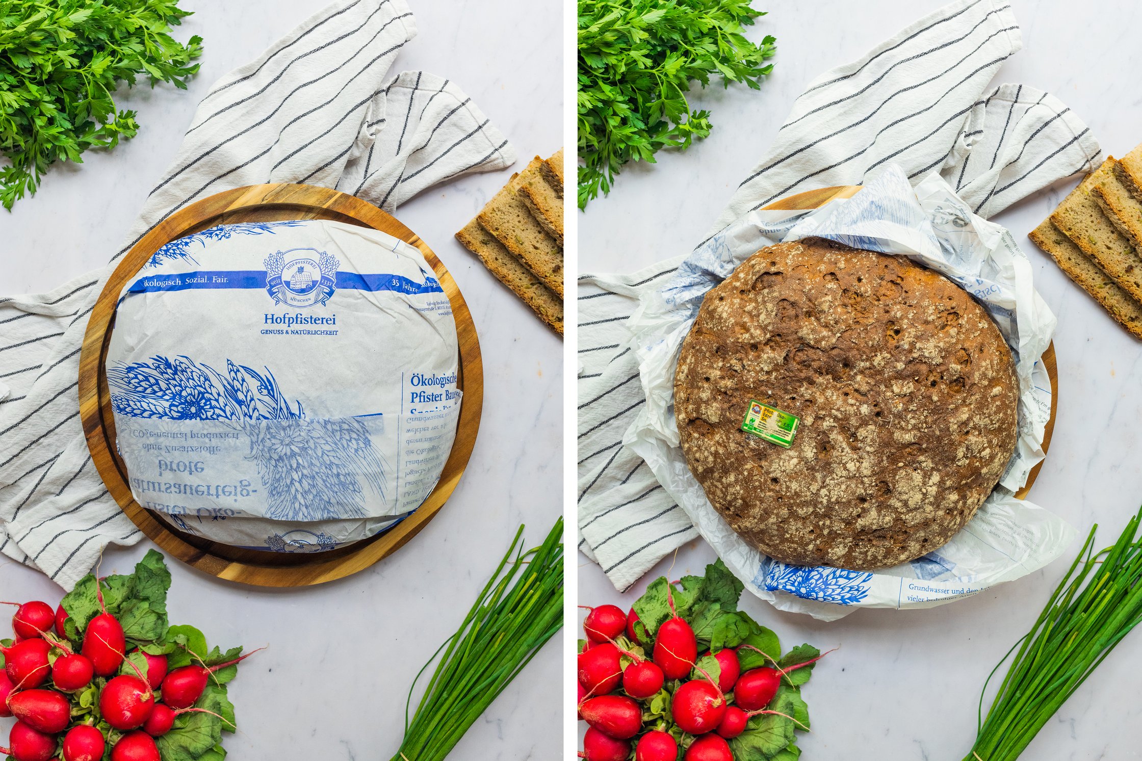 Frisches Brot auf einem Brettchen mit einem Küchentuch und Petersilie