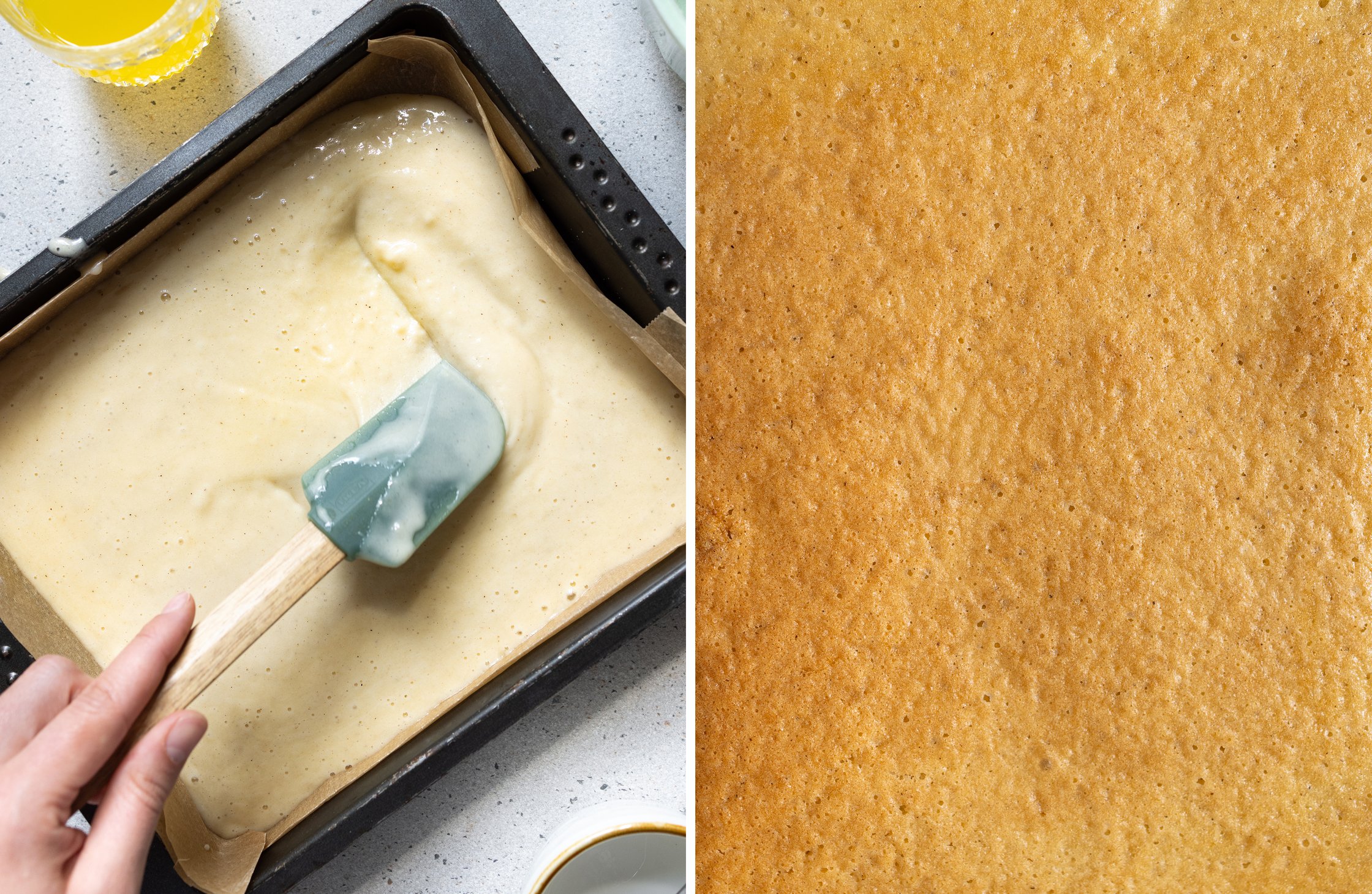 Ein zweigeteiltes Bild: Links wird ein Biskuit-Teig auf einem tiefen Blech mit einem Gummispachtel glatt gestrichen und recht