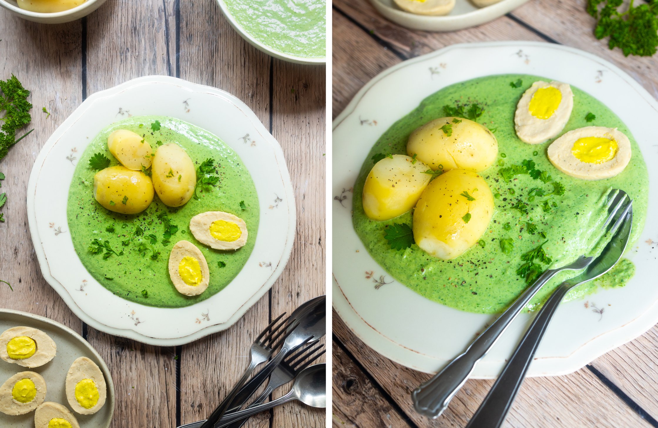 Teller mit grüner soße und Kartoffeln und veganen eiern